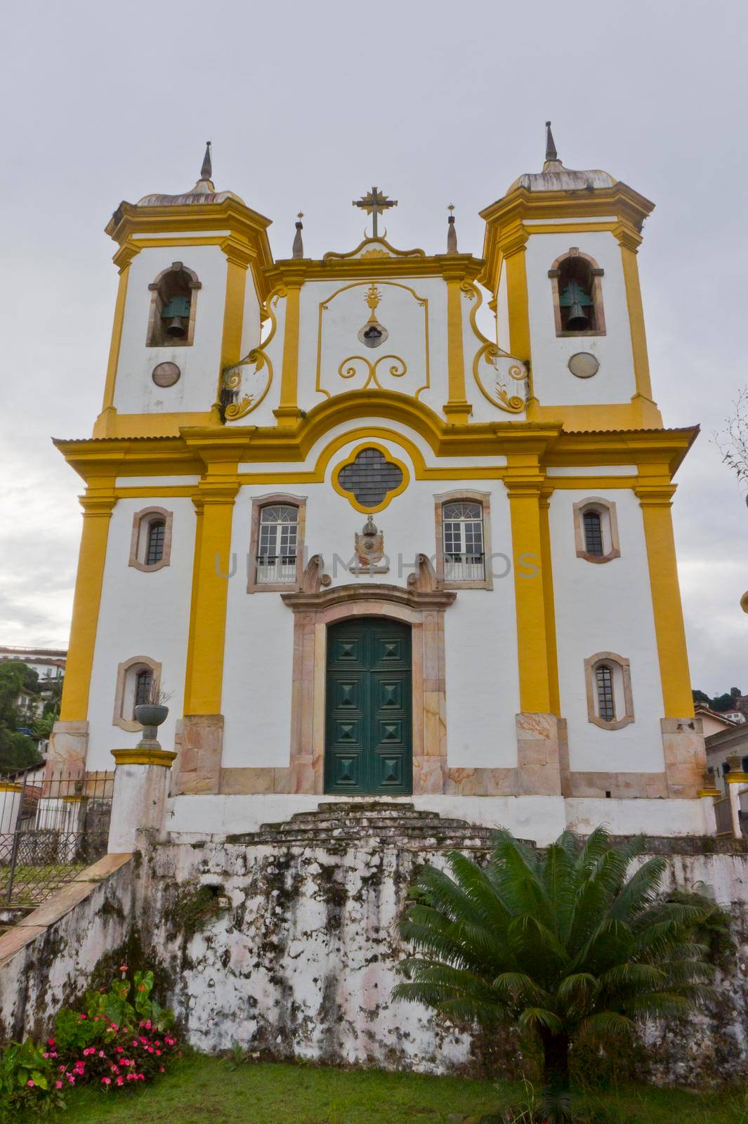 Ouro Preto, Old city street view with a Colonial Church, Brazil, South America