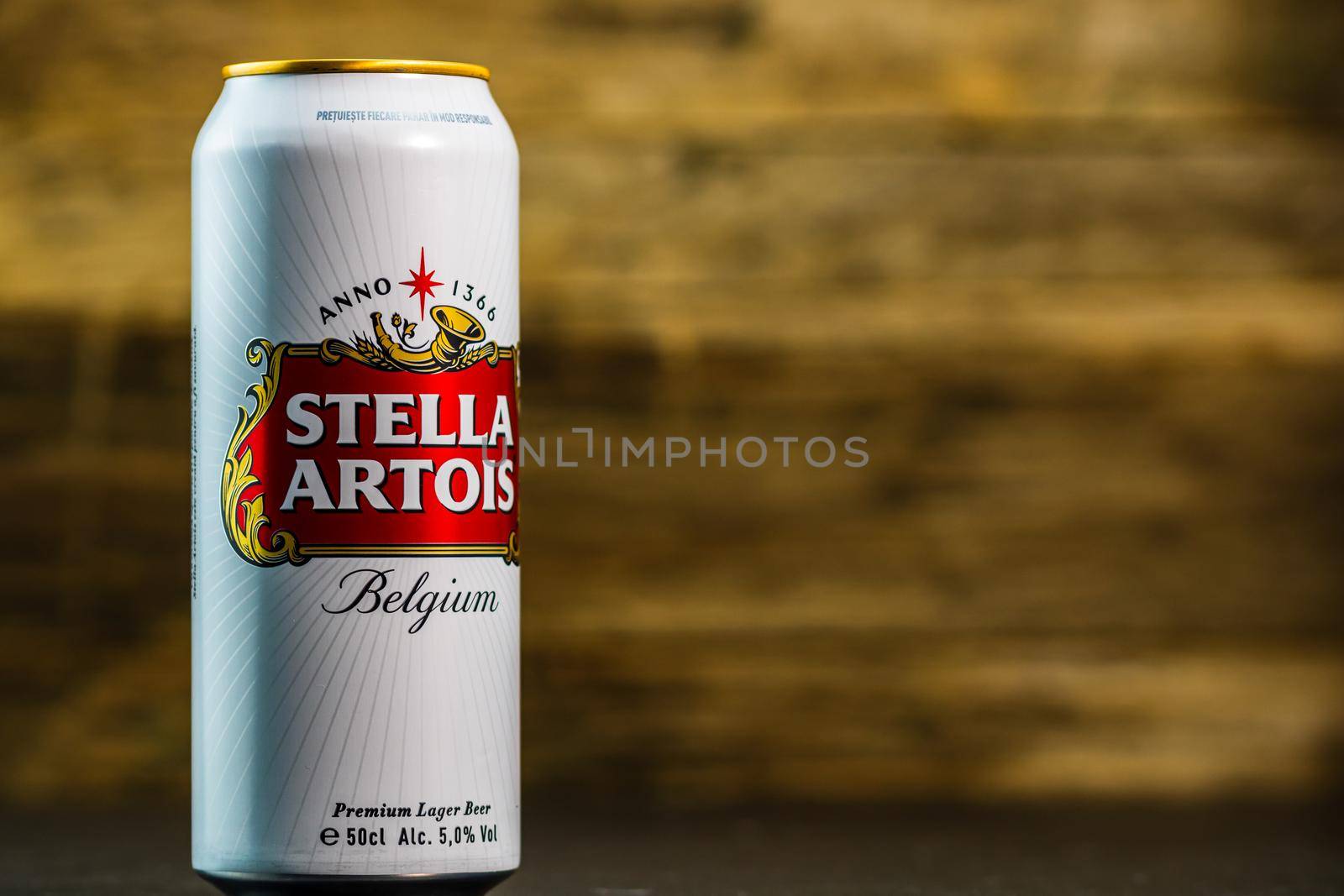 Great Belgium beer - Stella Artois. Belgium Premium Lager beer can. Studio photo shoot in Bucharest, Romania, 2020