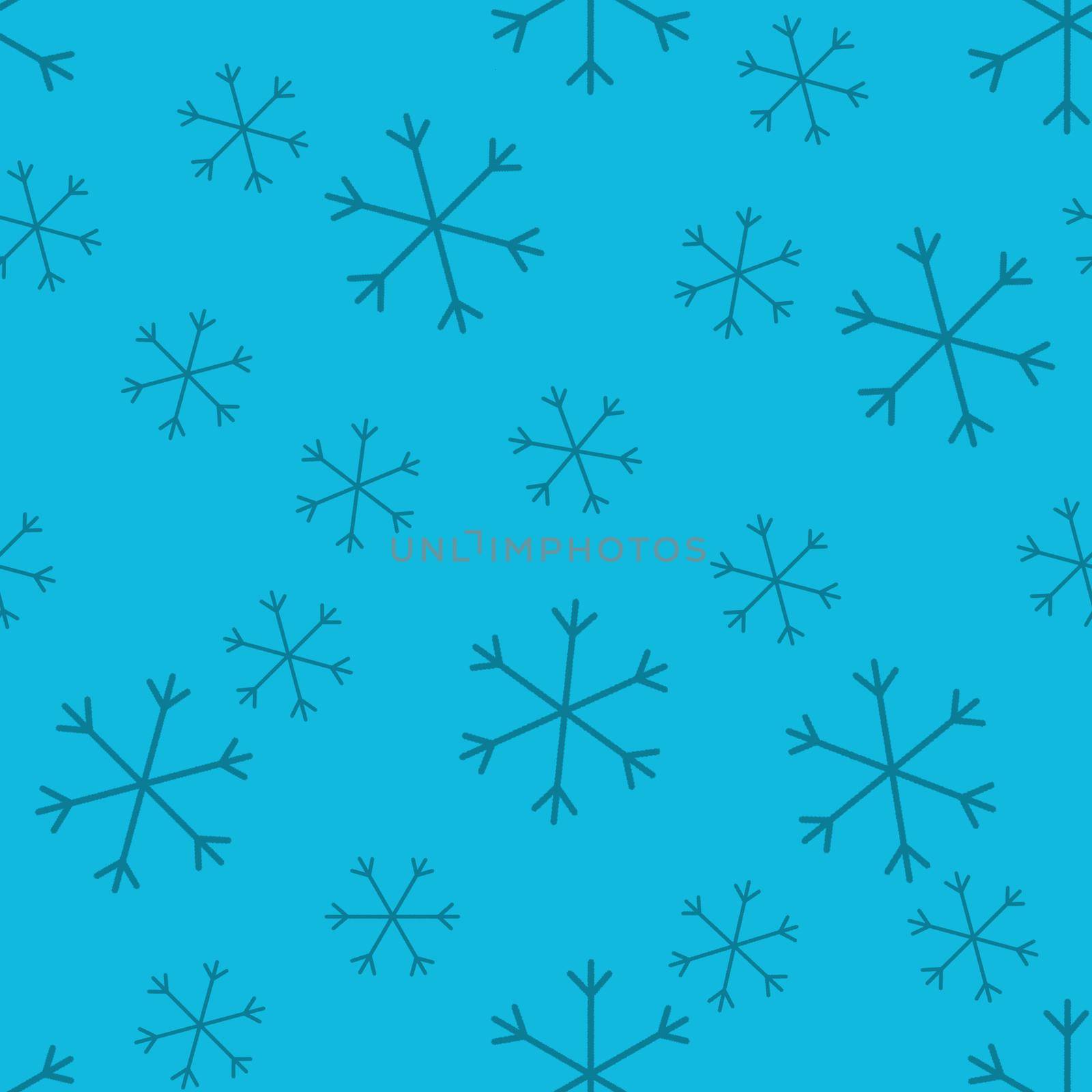 Seamless Christmas pattern doodle with hand random drawn snowflakes.Wrapping paper for presents, funny textile fabric print, design,decor, food wrap, backgrounds. new year.Raster copy.Sky blue, black by Angelsmoon
