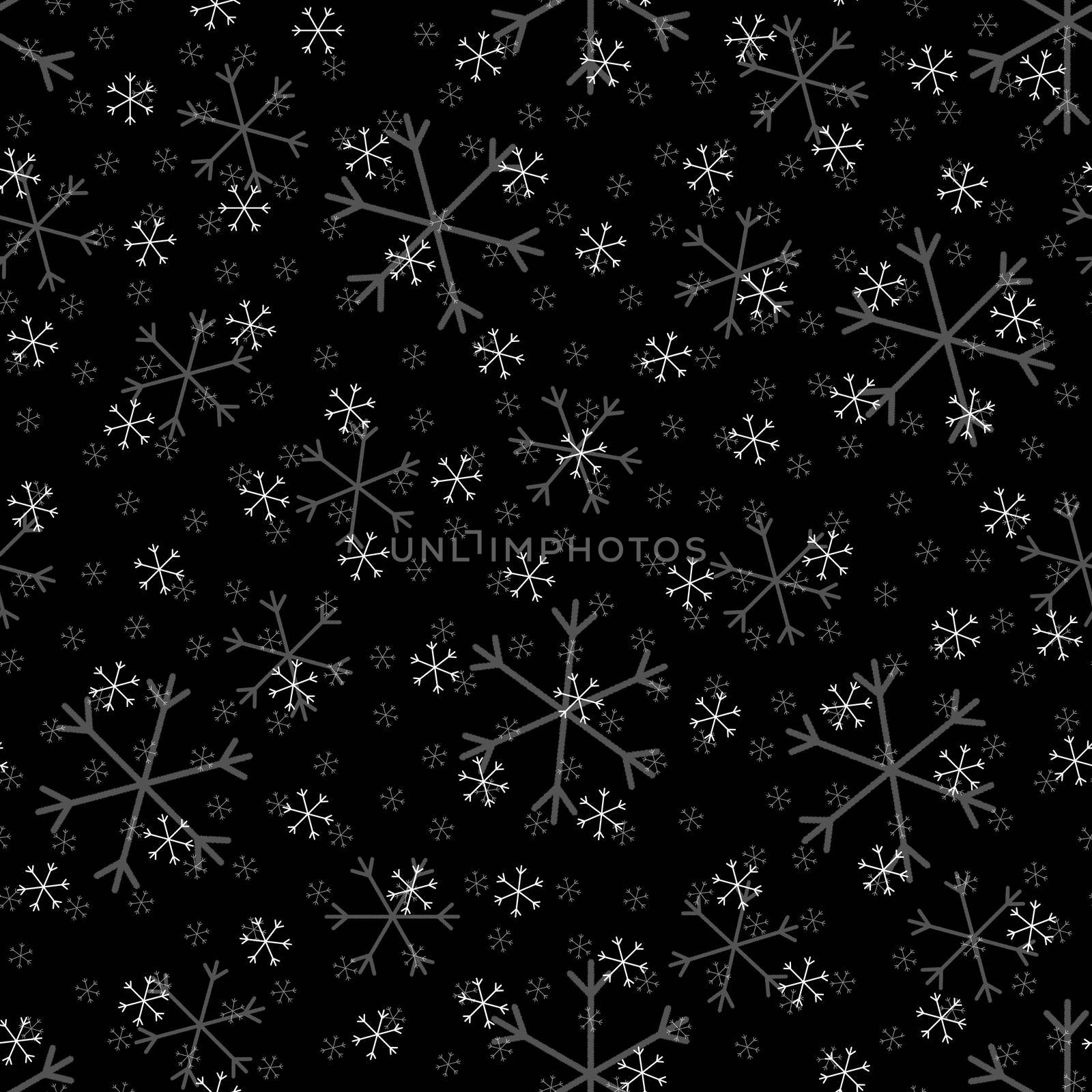 Seamless Christmas pattern doodle with hand random drawn snowflakes.Wrapping paper for presents, funny textile fabric print, design,decor, food wrap, backgrounds. new year.Raster copy.Black, white by Angelsmoon