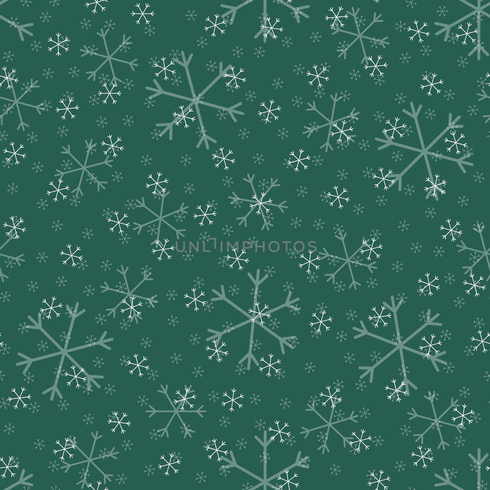 Seamless Christmas pattern doodle with hand random drawn snowflakes.Wrapping paper for presents, funny textile fabric print, design, decor, food wrap, backgrounds. new year.Raster copy.Green, white