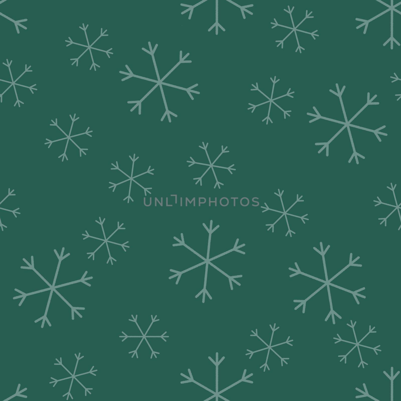 Seamless Christmas pattern doodle with hand random drawn snowflakes.Wrapping paper for presents, funny textile fabric print, design, decor, food wrap, backgrounds. new year.Raster copy.Green, gray