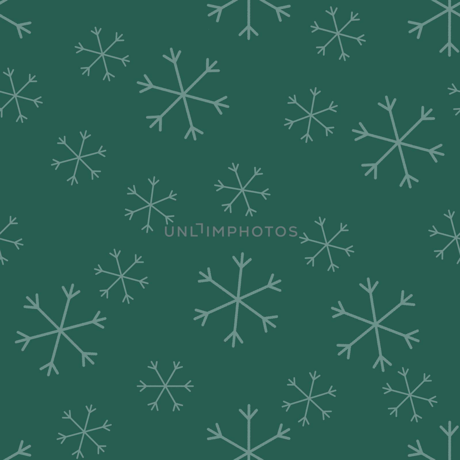 Seamless Christmas pattern doodle with hand random drawn snowflakes.Wrapping paper for presents, funny textile fabric print, design,decor, food wrap, backgrounds. new year.Raster copy.Green, gray by Angelsmoon