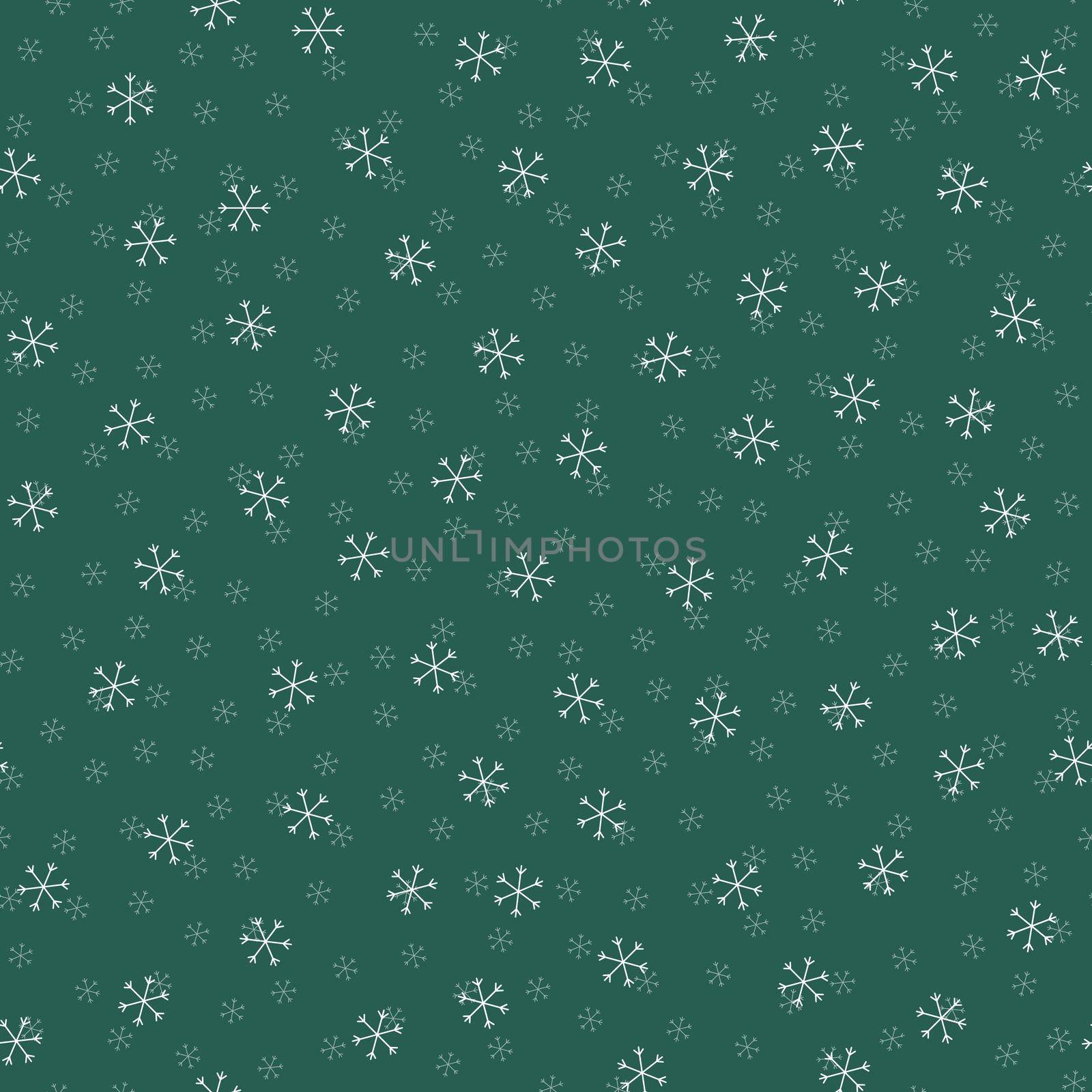 Seamless Christmas pattern doodle with hand random drawn snowflakes.Wrapping paper for presents, funny textile fabric print, design,decor, food wrap, backgrounds. new year.Raster copy.Green, white by Angelsmoon