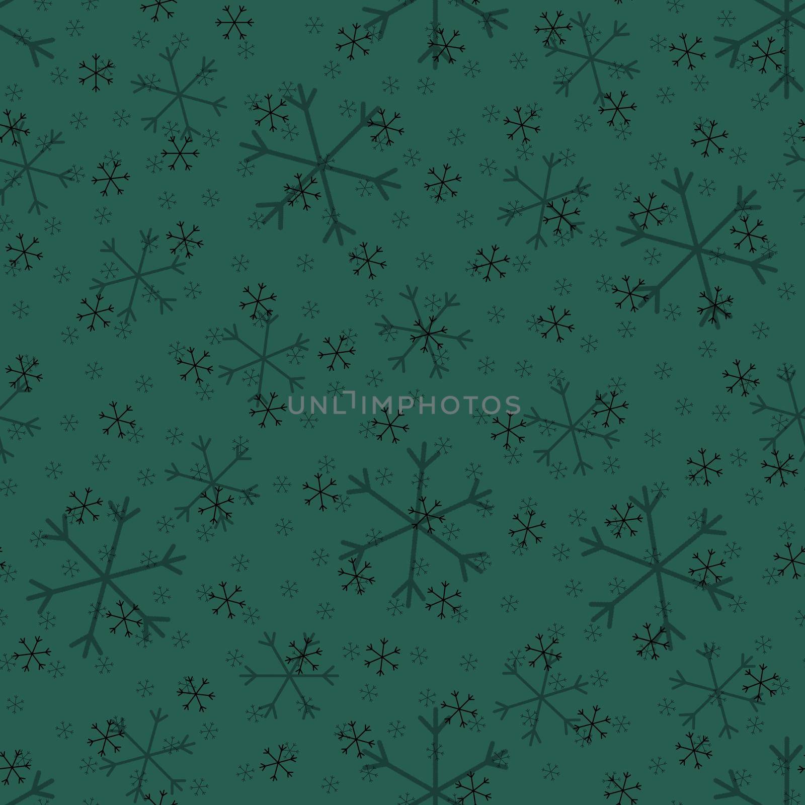 Seamless Christmas pattern doodle with hand random drawn snowflakes.Wrapping paper for presents, funny textile fabric print, design, decor, food wrap, backgrounds. new year.Raster copy.Green, black