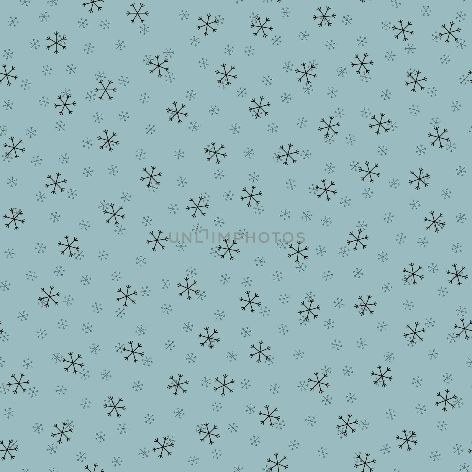 Seamless Christmas pattern doodle with hand random drawn snowflakes.Wrapping paper for presents, funny textile fabric print, design, decor, food wrap, backgrounds. new year.Raster copy.Sky gray, black