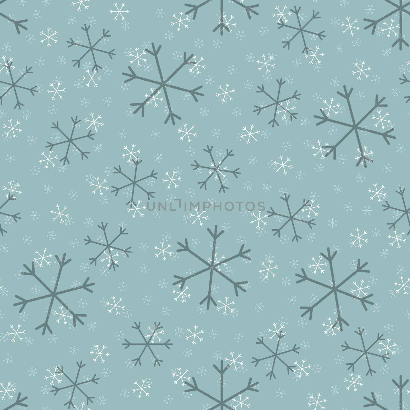 Seamless Christmas pattern doodle with hand random drawn snowflakes.Wrapping paper for presents, funny textile fabric print, design, decor, food wrap, backgrounds. new year.Raster copy.Sky gray, lilac