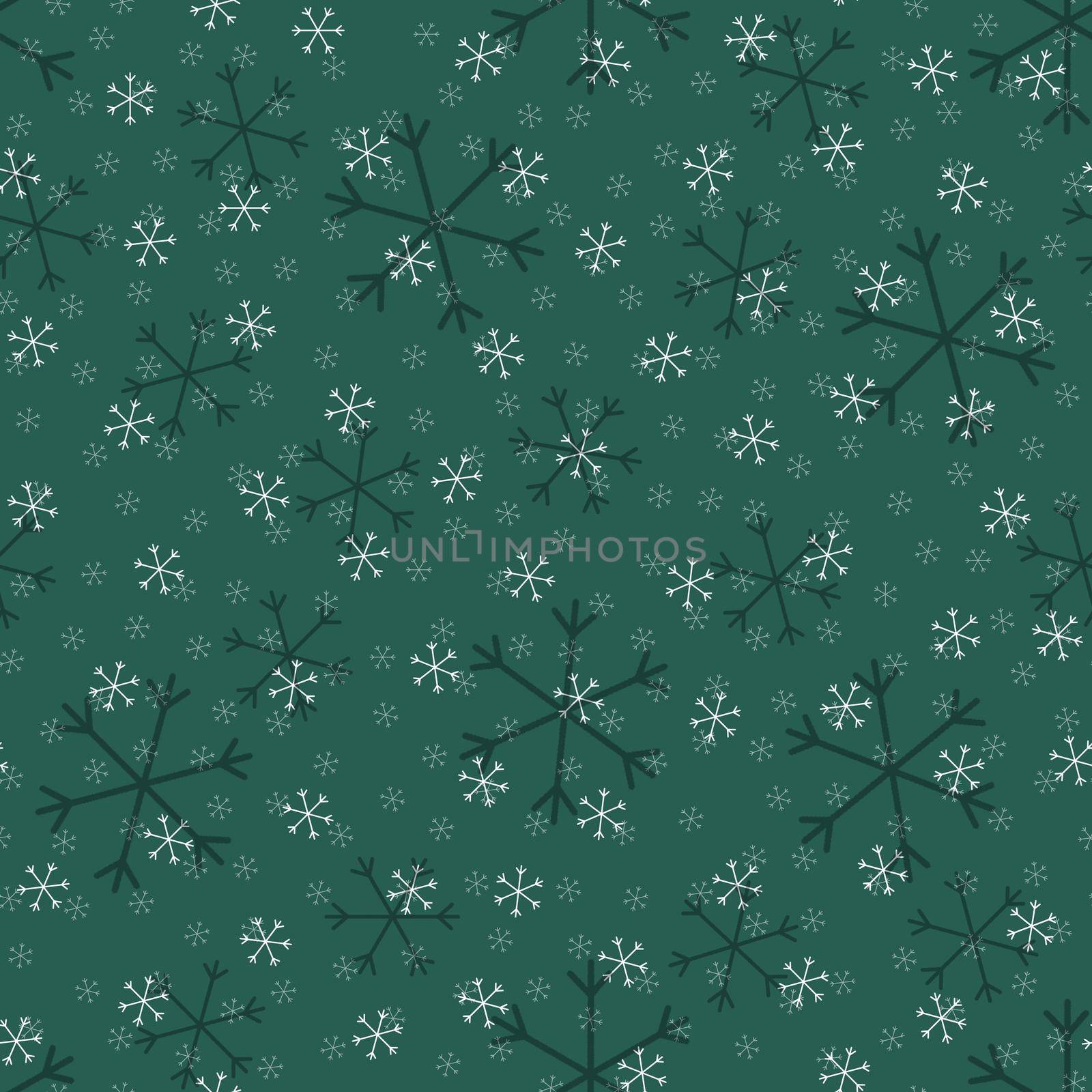 Seamless Christmas pattern doodle with hand random drawn snowflakes.Wrapping paper for presents, funny textile fabric print, design, decor, food wrap, backgrounds. new year.Raster copy.Green, white