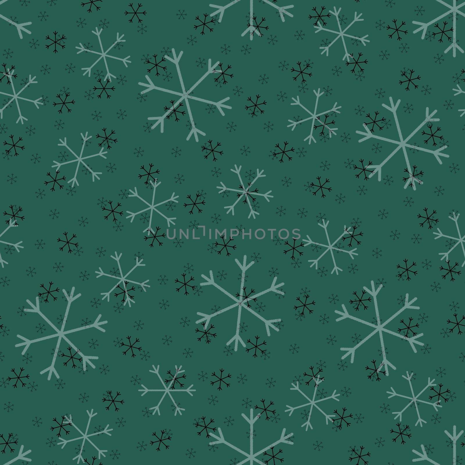 Seamless Christmas pattern doodle with hand random drawn snowflakes.Wrapping paper for presents, funny textile fabric print, design, decor, food wrap, backgrounds. new year.Raster copy.Green, gray