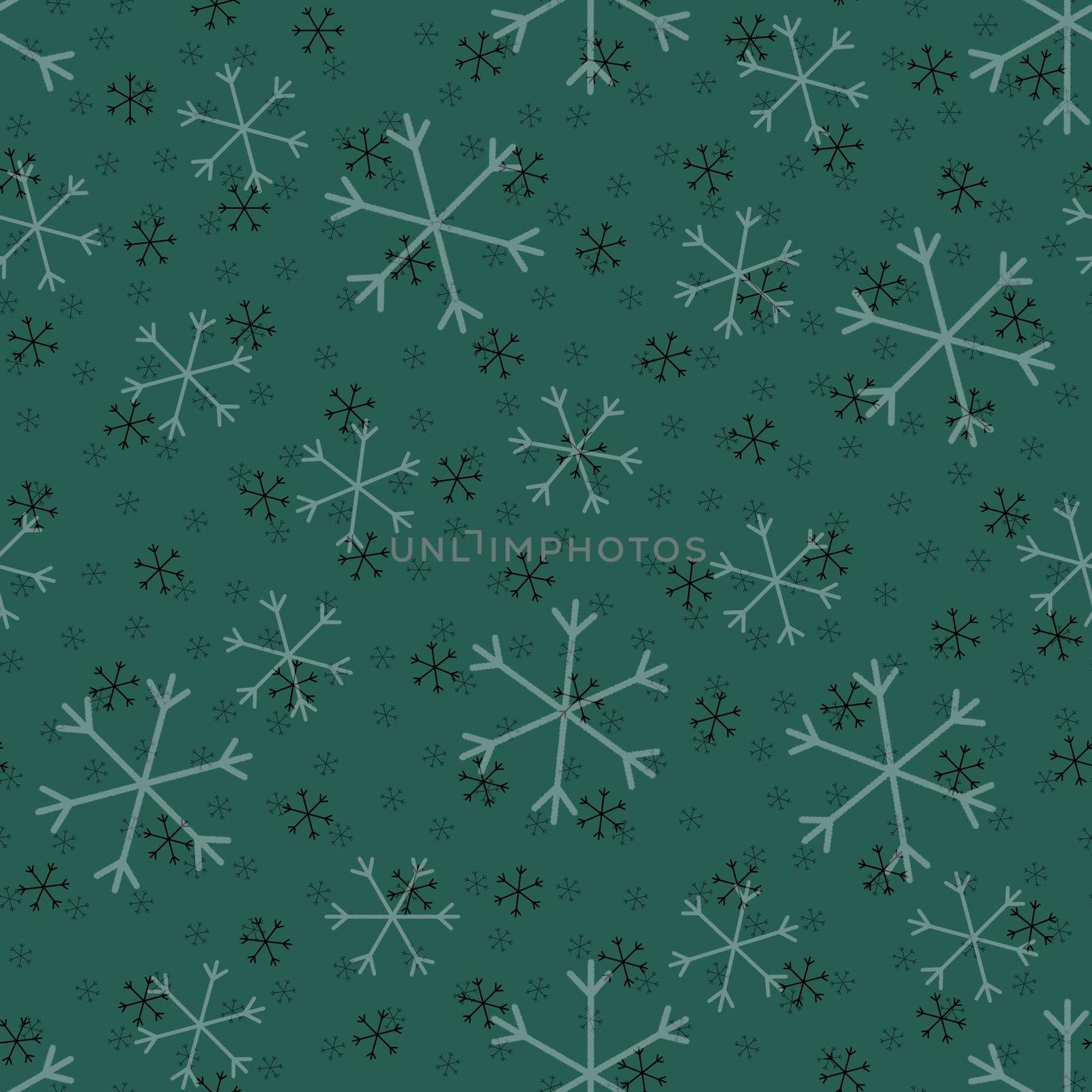 Seamless Christmas pattern doodle with hand random drawn snowflakes.Wrapping paper for presents, funny textile fabric print, design, decor, food wrap, backgrounds. new year.Raster copy.Green, gray