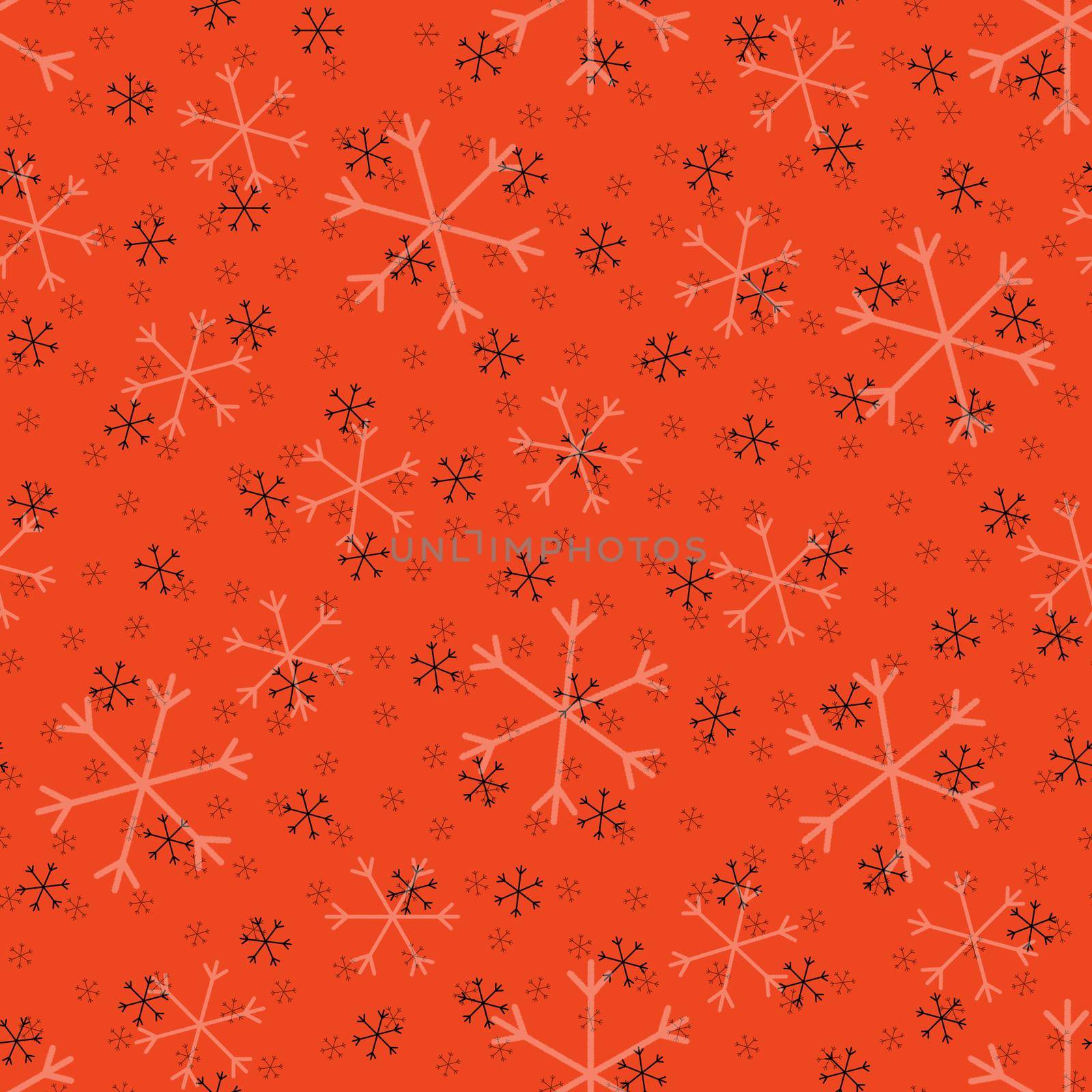 Seamless Christmas pattern doodle with hand random drawn snowflakes.Wrapping paper for presents, funny textile fabric print, design, decor, food wrap, backgrounds. new year.Raster copy.Coral