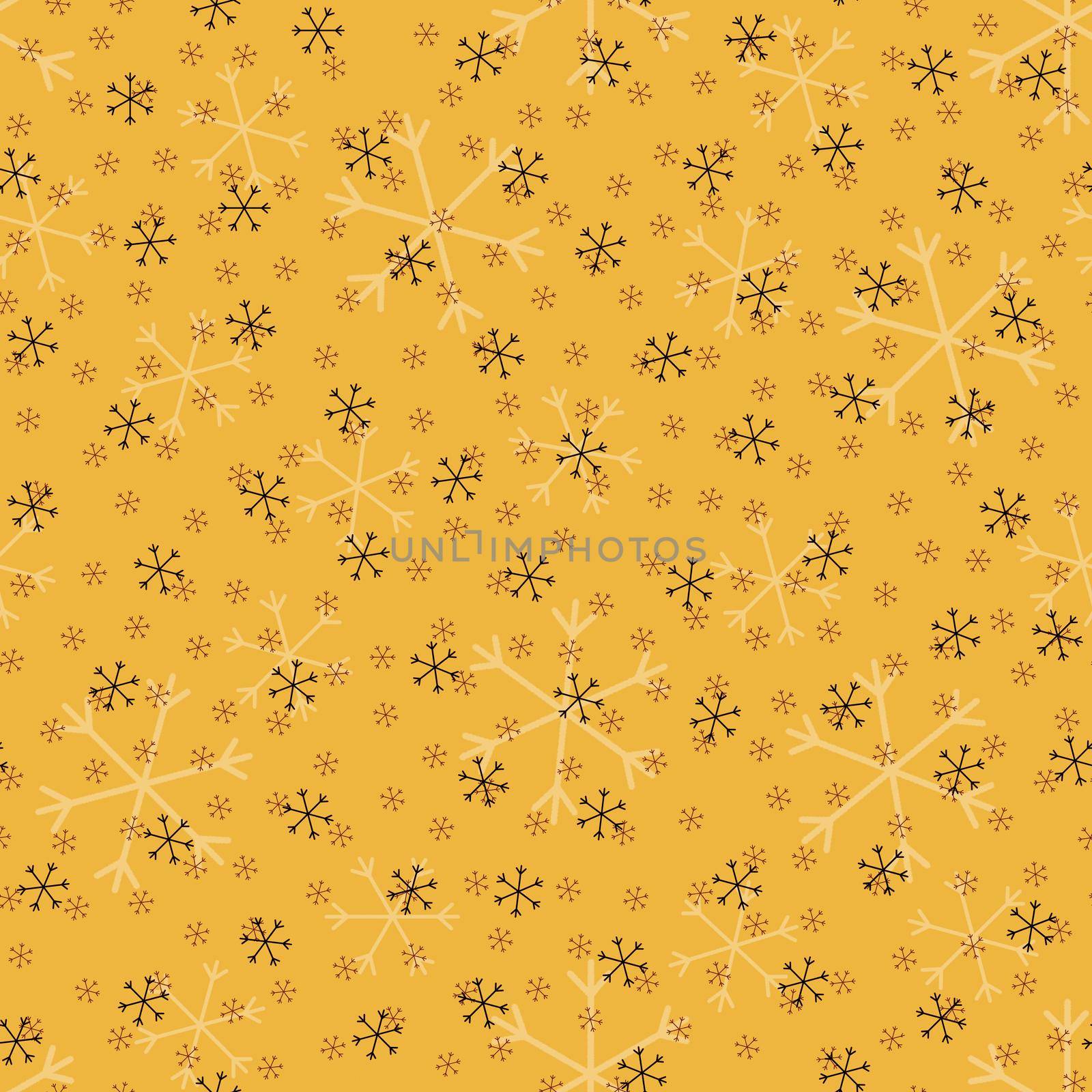 Seamless Christmas pattern doodle with hand random drawn snowflakes.Wrapping paper for presents, funny textile fabric print, design, decor, food wrap, backgrounds. new year.Raster copy.Mustard black