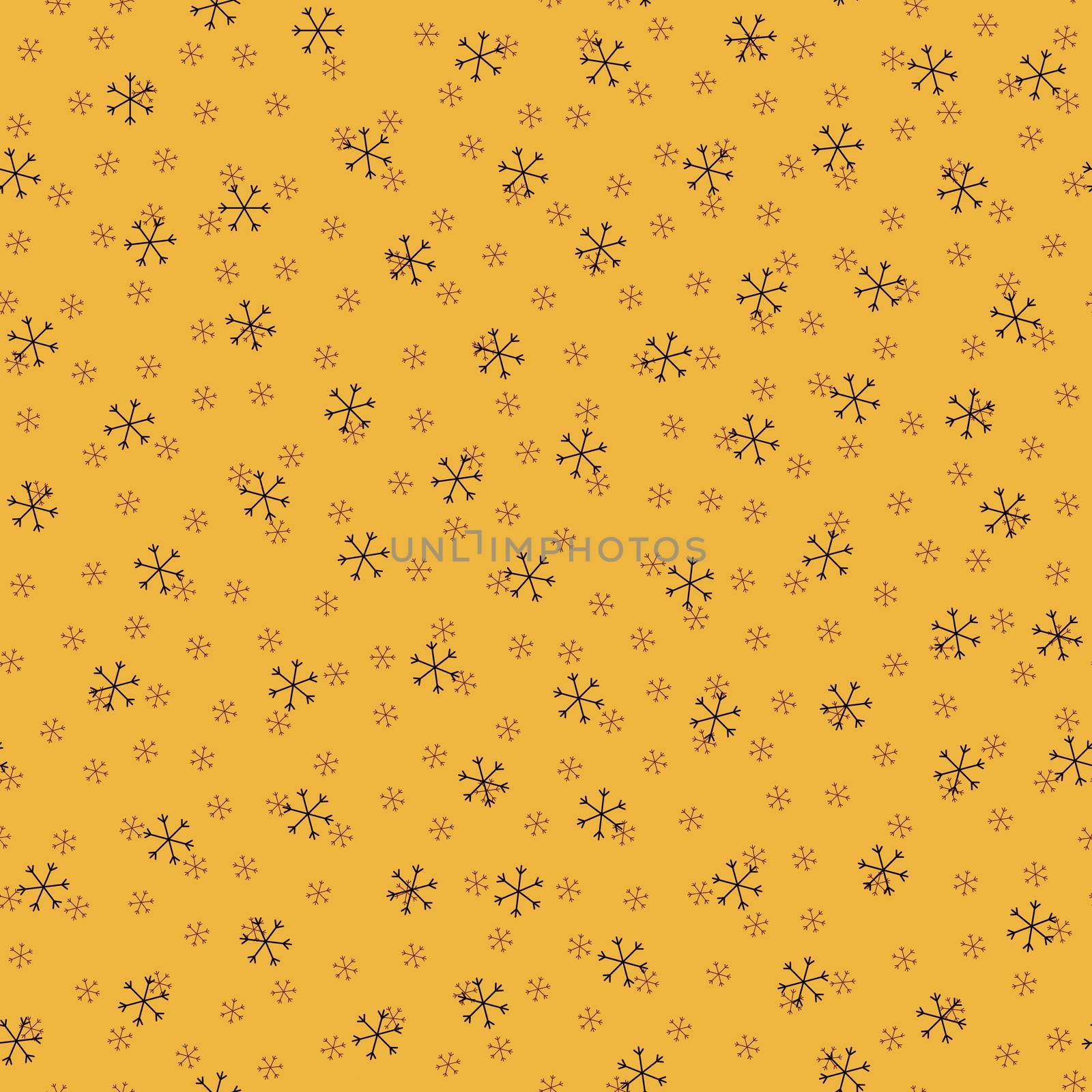 Seamless Christmas pattern doodle with hand random drawn snowflakes.Wrapping paper for presents, funny textile fabric print, design, decor, food wrap, backgrounds. new year.Raster copy.Mustard black