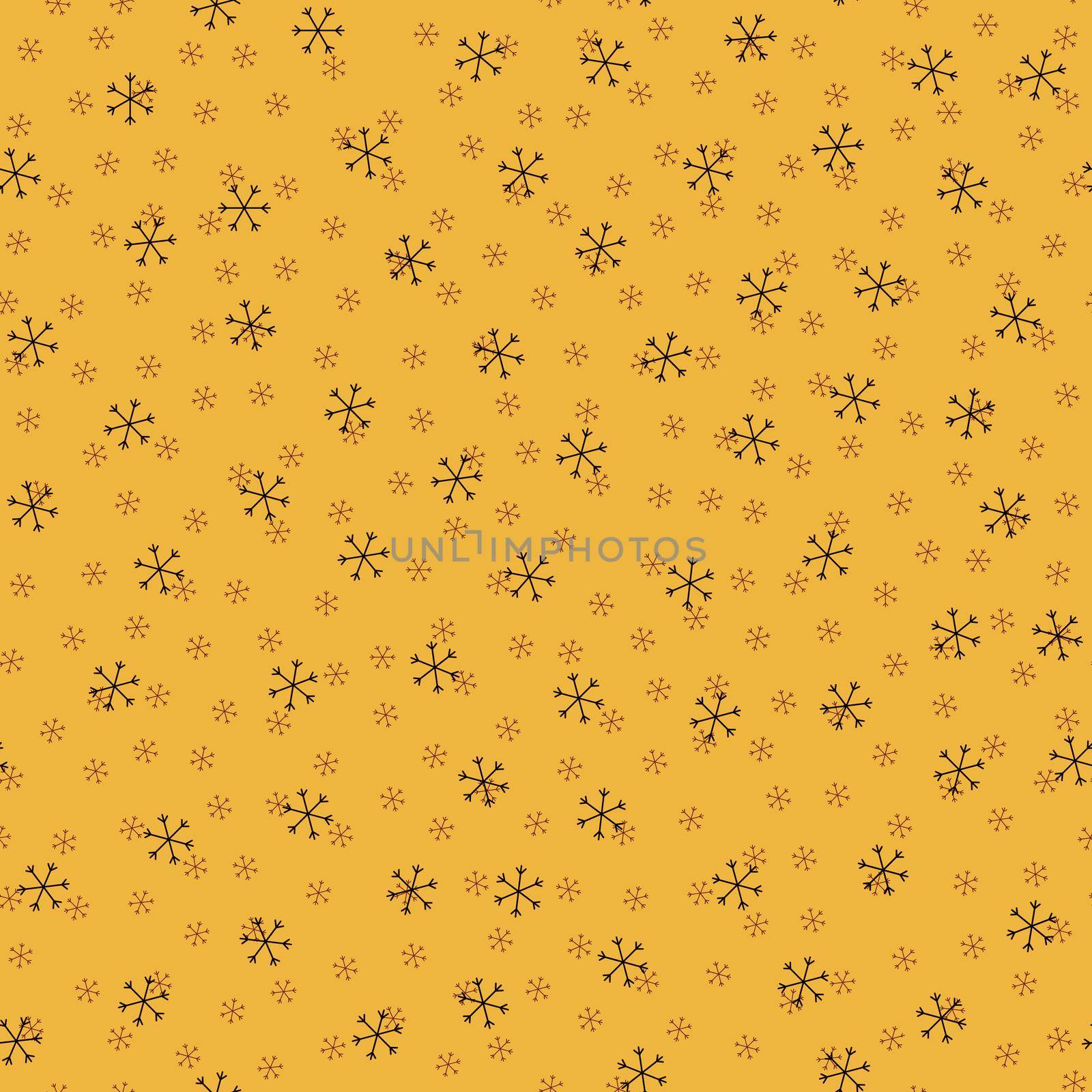 Seamless Christmas pattern doodle with hand random drawn snowflakes.Wrapping paper for presents, funny textile fabric print, design, decor, food wrap, backgrounds. new year.Raster copy.Mustard black