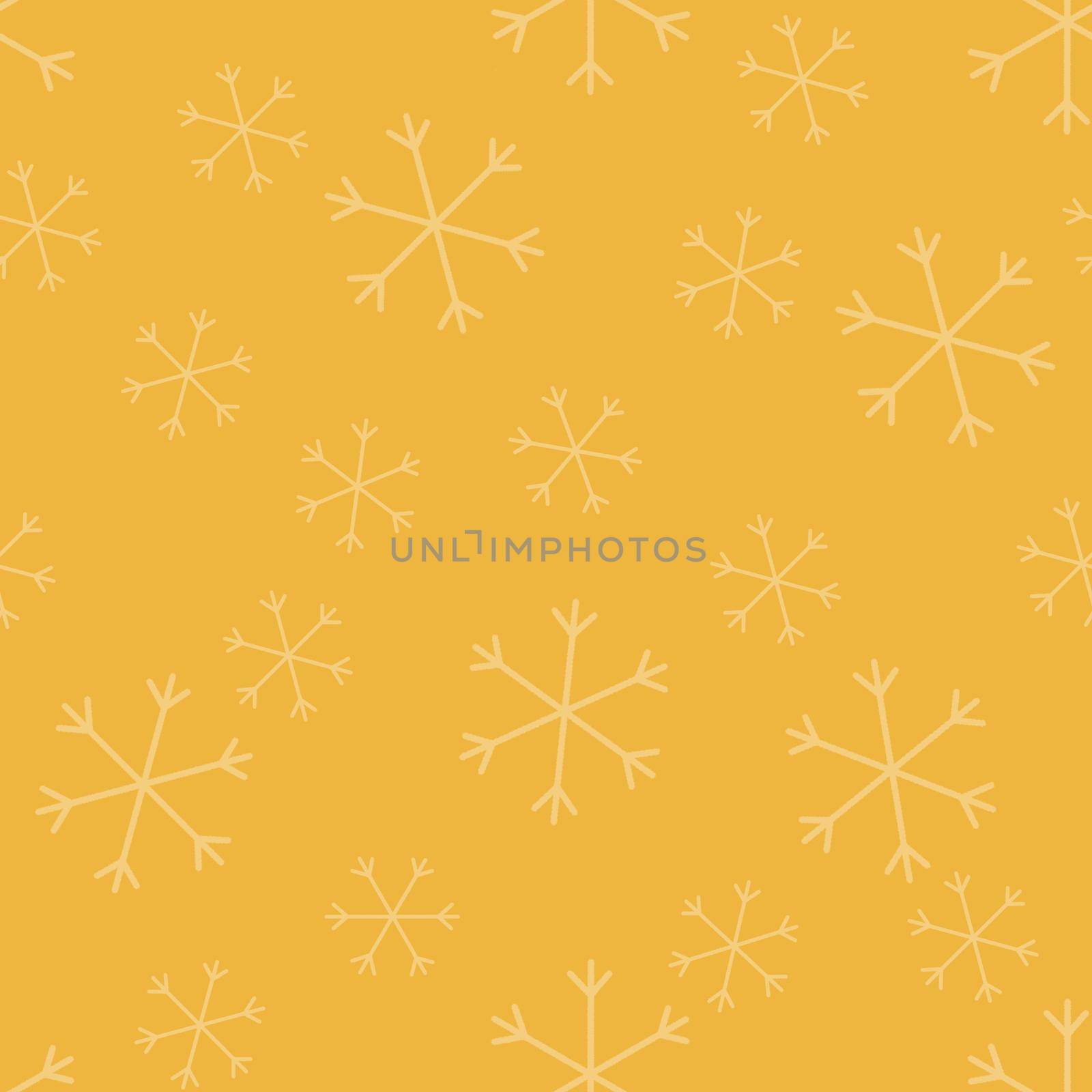 Seamless Christmas pattern doodle with hand random drawn snowflakes.Wrapping paper for presents, funny textile fabric print, design, decor, food wrap, backgrounds. new year.Raster copy.Mustard pink