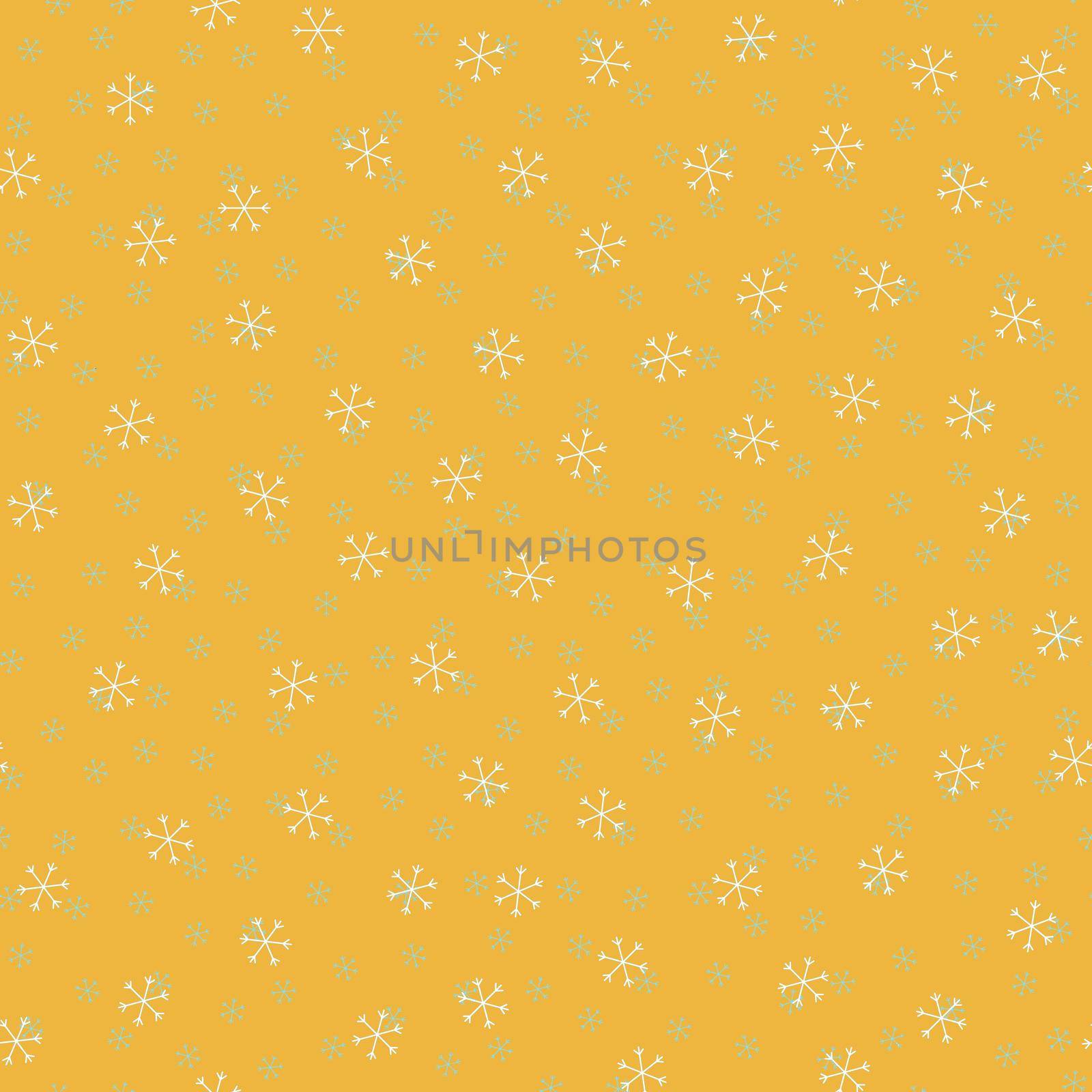 Seamless Christmas pattern doodle with hand random drawn snowflakes.Wrapping paper for presents, funny textile fabric print, design, decor, food wrap, backgrounds. new year.Raster copy.Mustard white