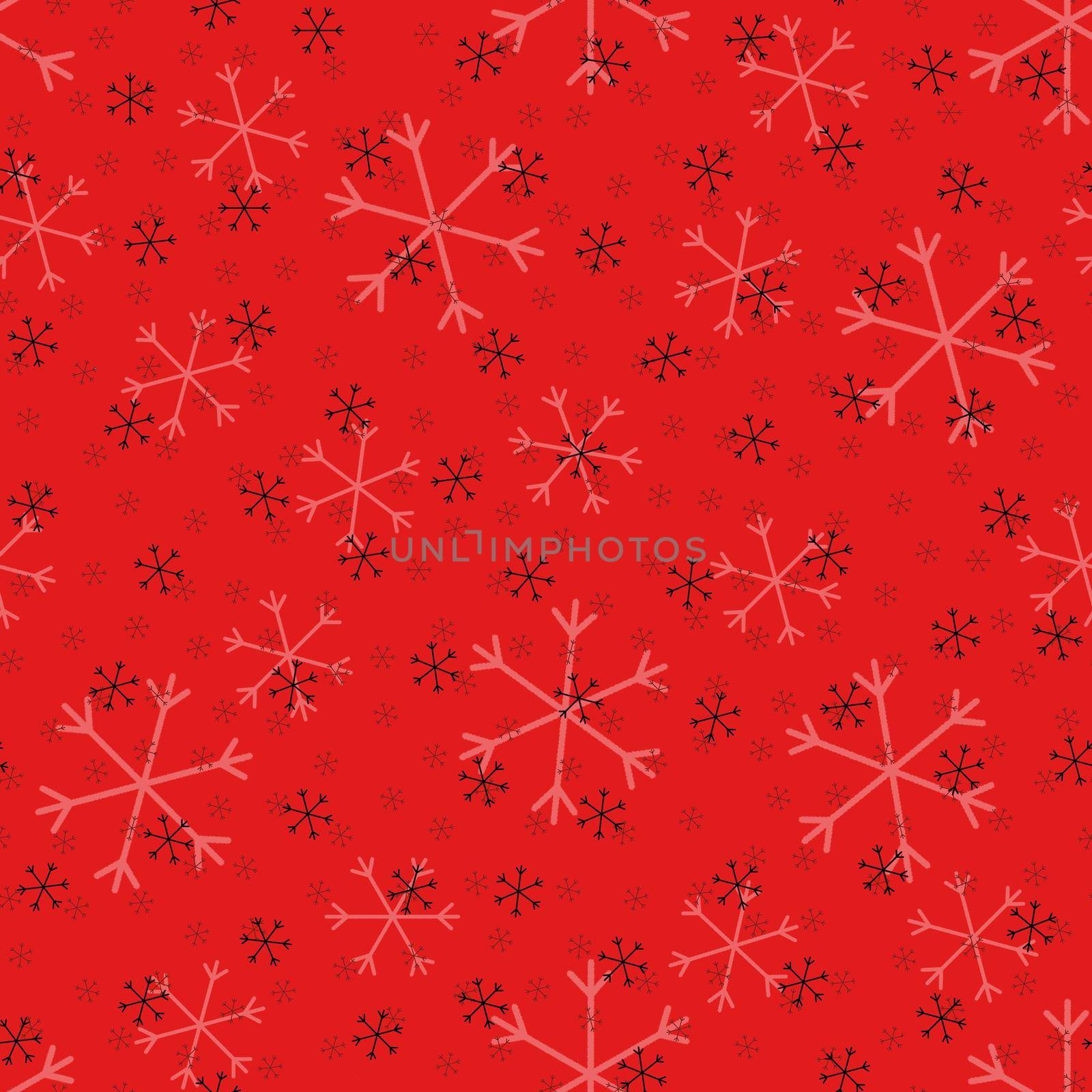 Seamless Christmas pattern doodle with hand random drawn snowflakes.Wrapping paper for presents, funny textile fabric print, design, decor, food wrap, backgrounds. new year.Raster copy.Red black