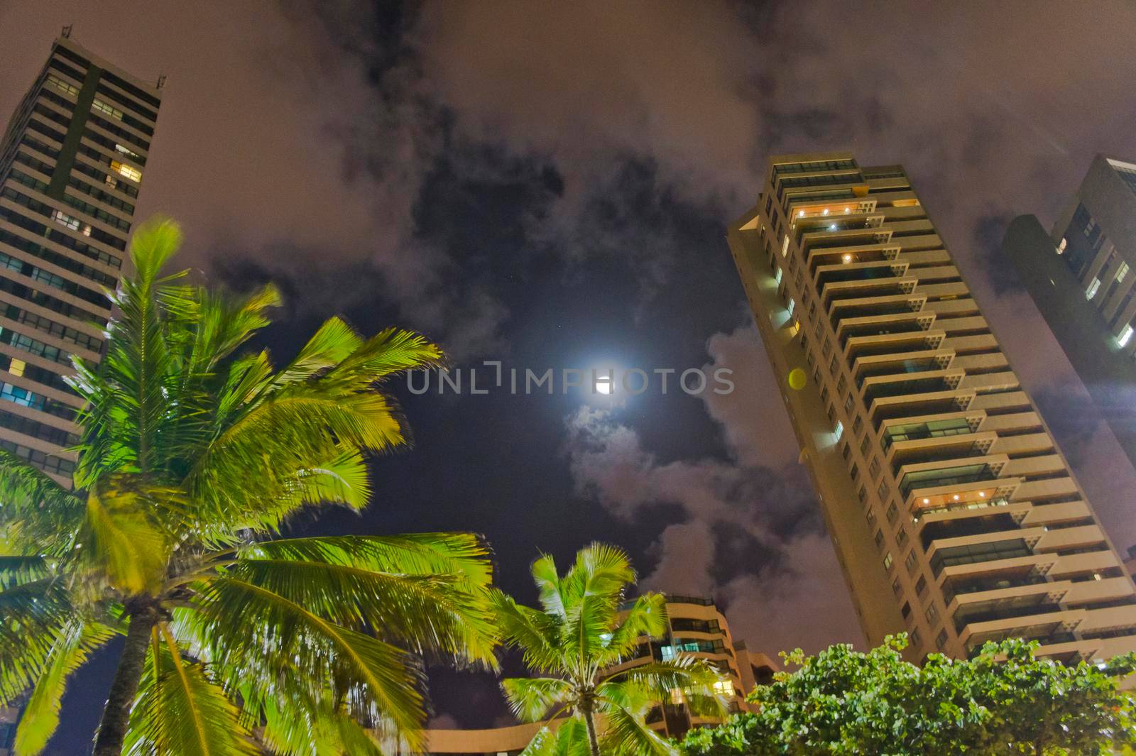 Recife, Beach and modern city view by night, Brazil, South America