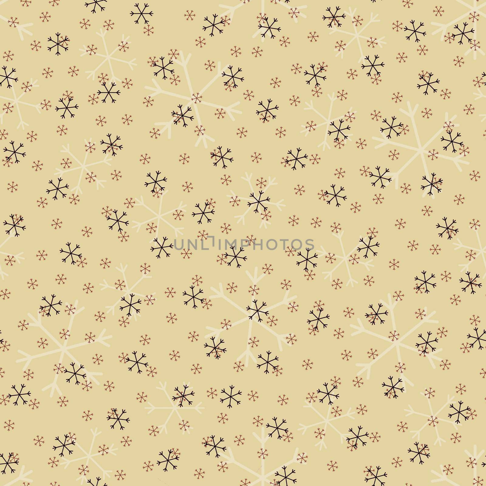 Seamless Christmas pattern doodle with hand random drawn snowflakes.Wrapping paper for presents, funny textile fabric print, design, decor, food wrap, backgrounds. new year.Raster copy.Beige black