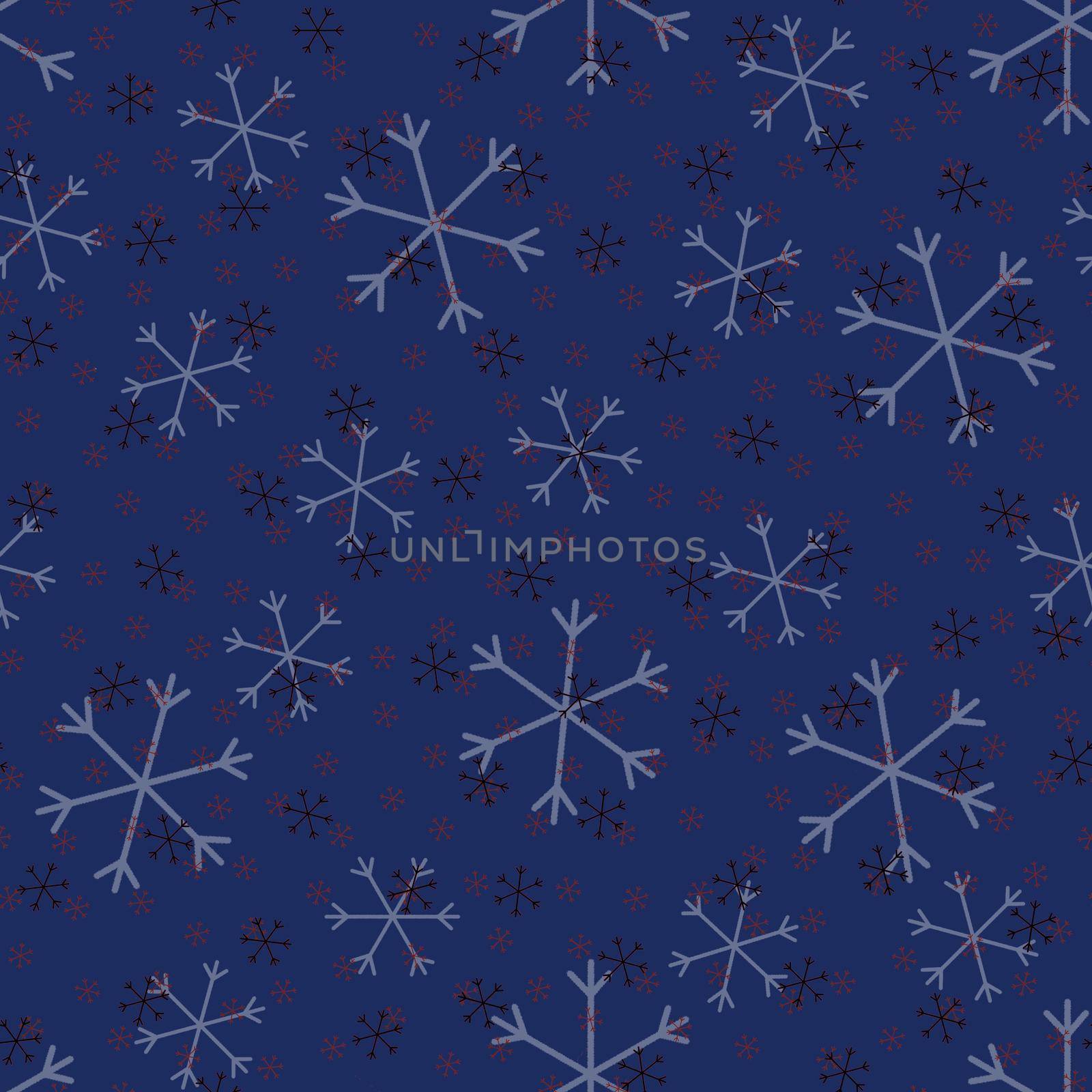 Seamless Christmas pattern doodle with hand random drawn snowflakes.Wrapping paper for presents, funny textile fabric print, design, decor, food wrap, backgrounds. new year.Raster copy.Blue black