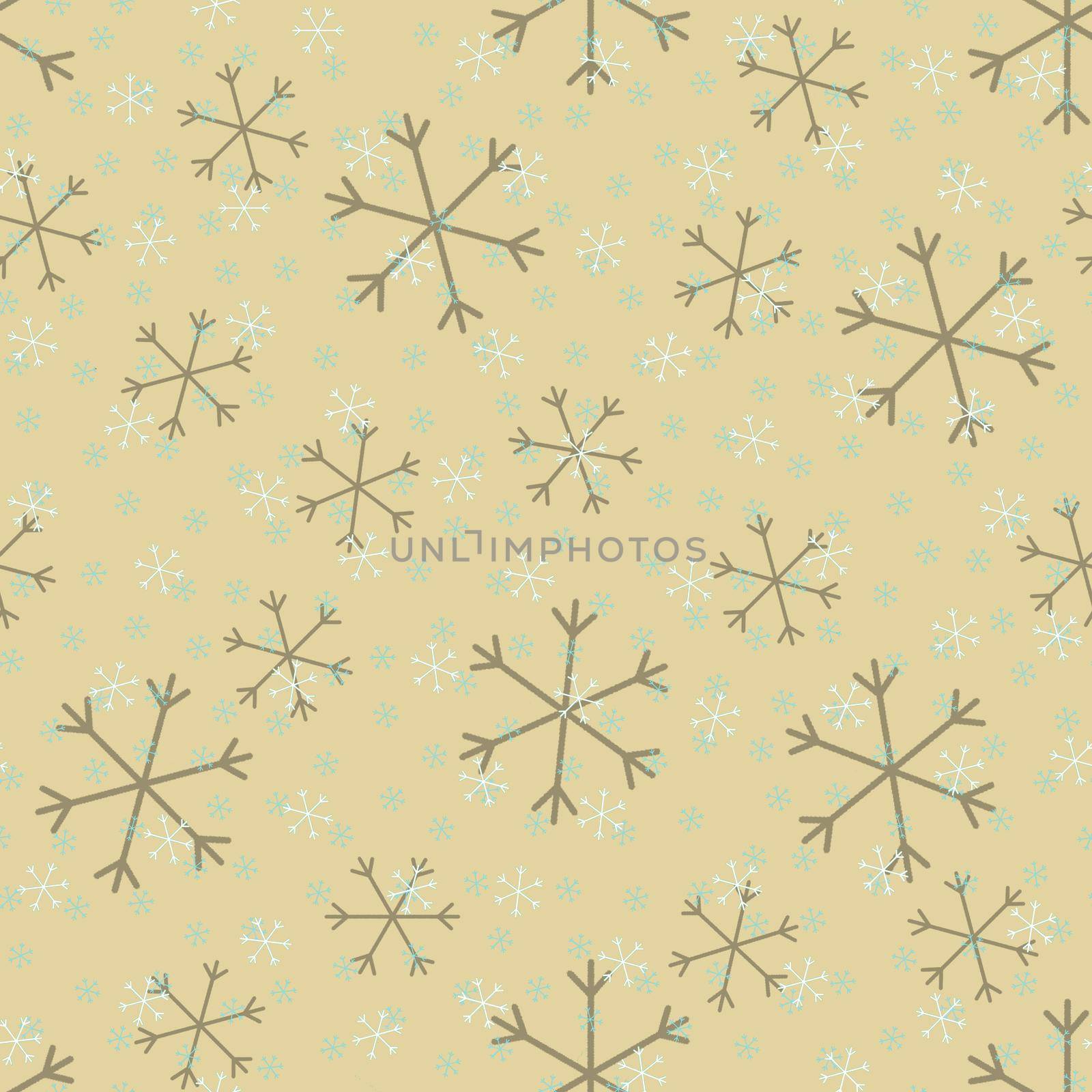 Seamless Christmas pattern doodle with hand random drawn snowflakes.Wrapping paper for presents, funny textile fabric print, design, decor, food wrap, backgrounds. new year.Raster copy.Beige white