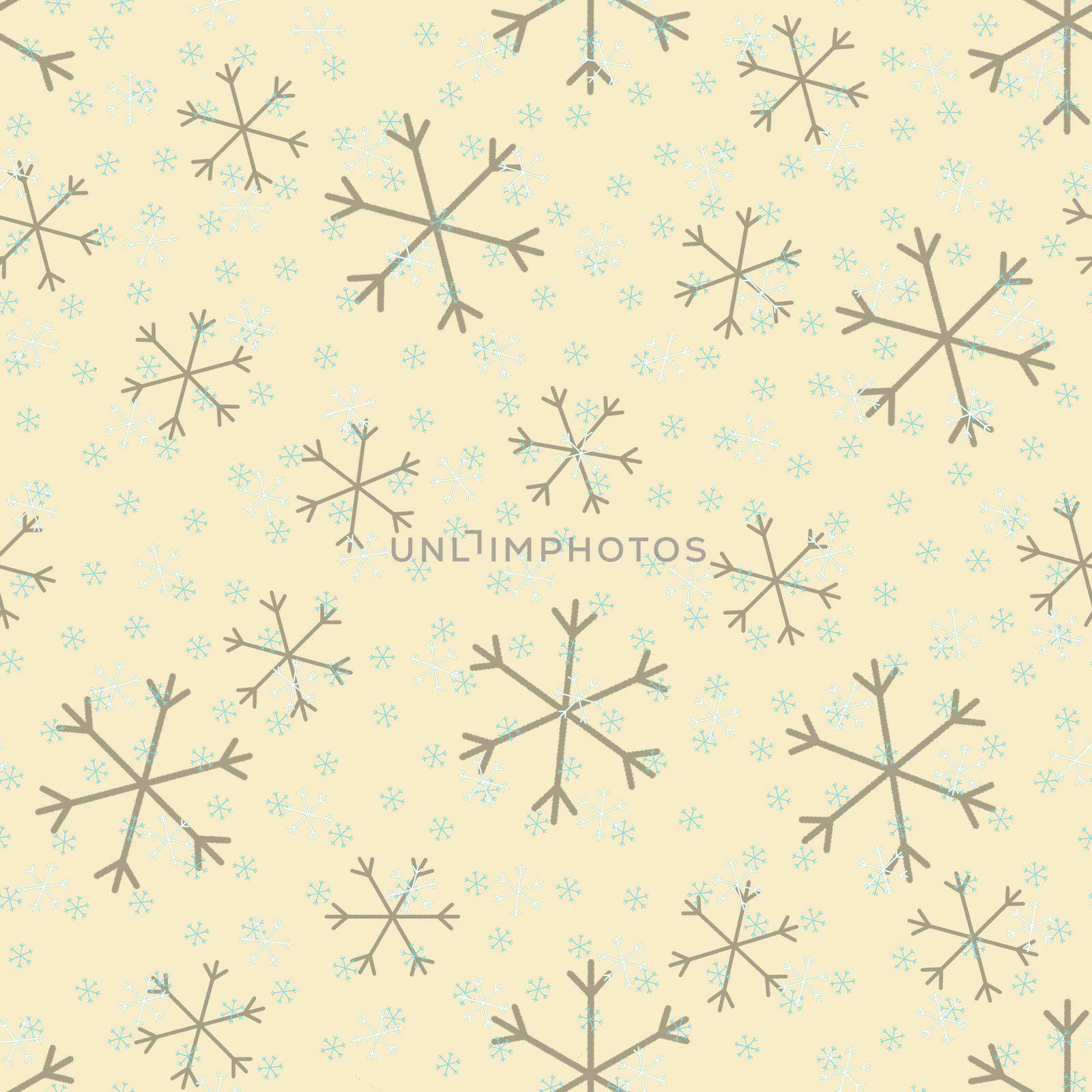 Seamless Christmas pattern doodle with hand random drawn snowflakes.Wrapping paper for presents, funny textile fabric print, design, decor, food wrap, backgrounds. new year.Raster copy.Beige gray