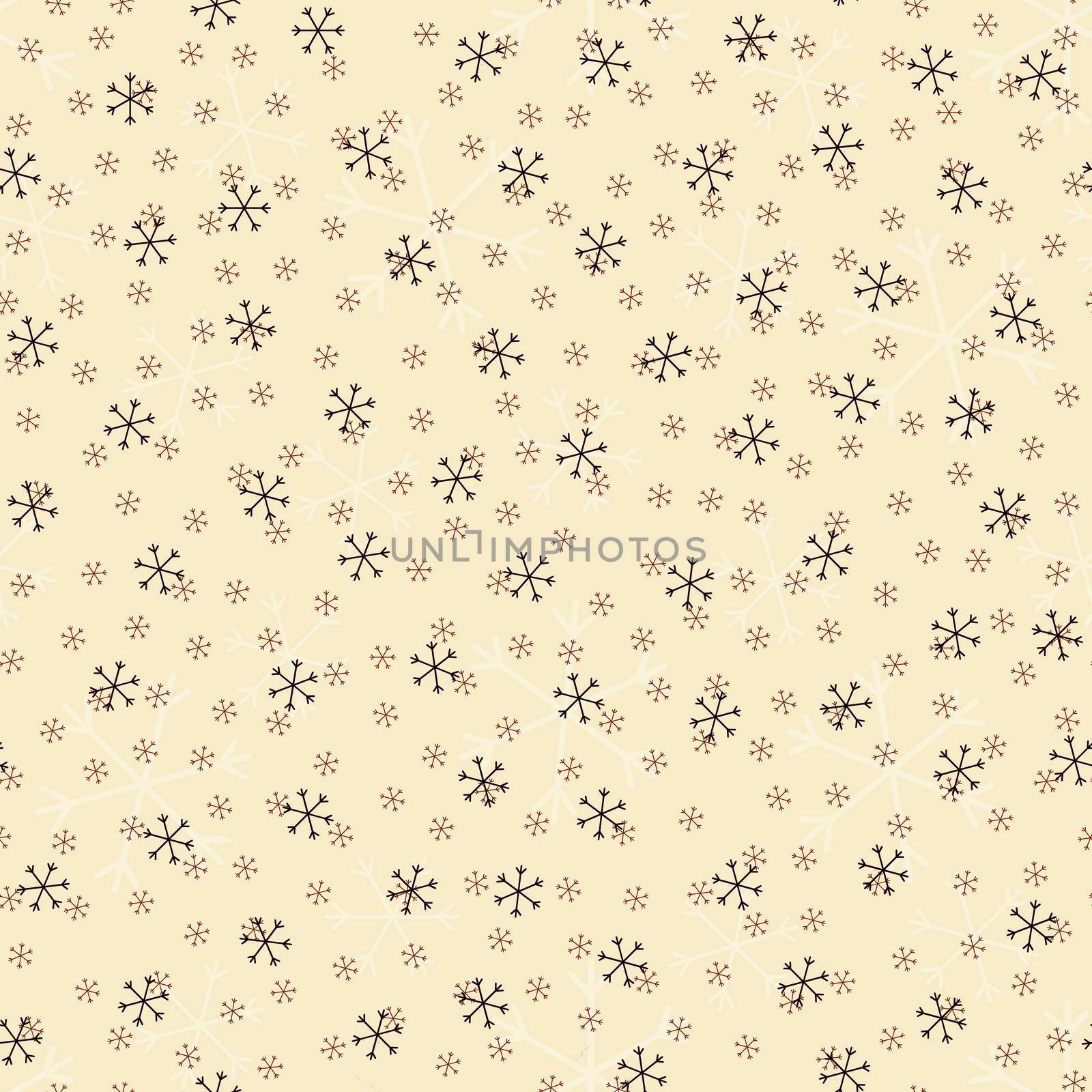 Seamless Christmas pattern doodle with hand random drawn snowflakes.Wrapping paper for presents, funny textile fabric print, design, decor, food wrap, backgrounds. new year.Raster copy.Beige black