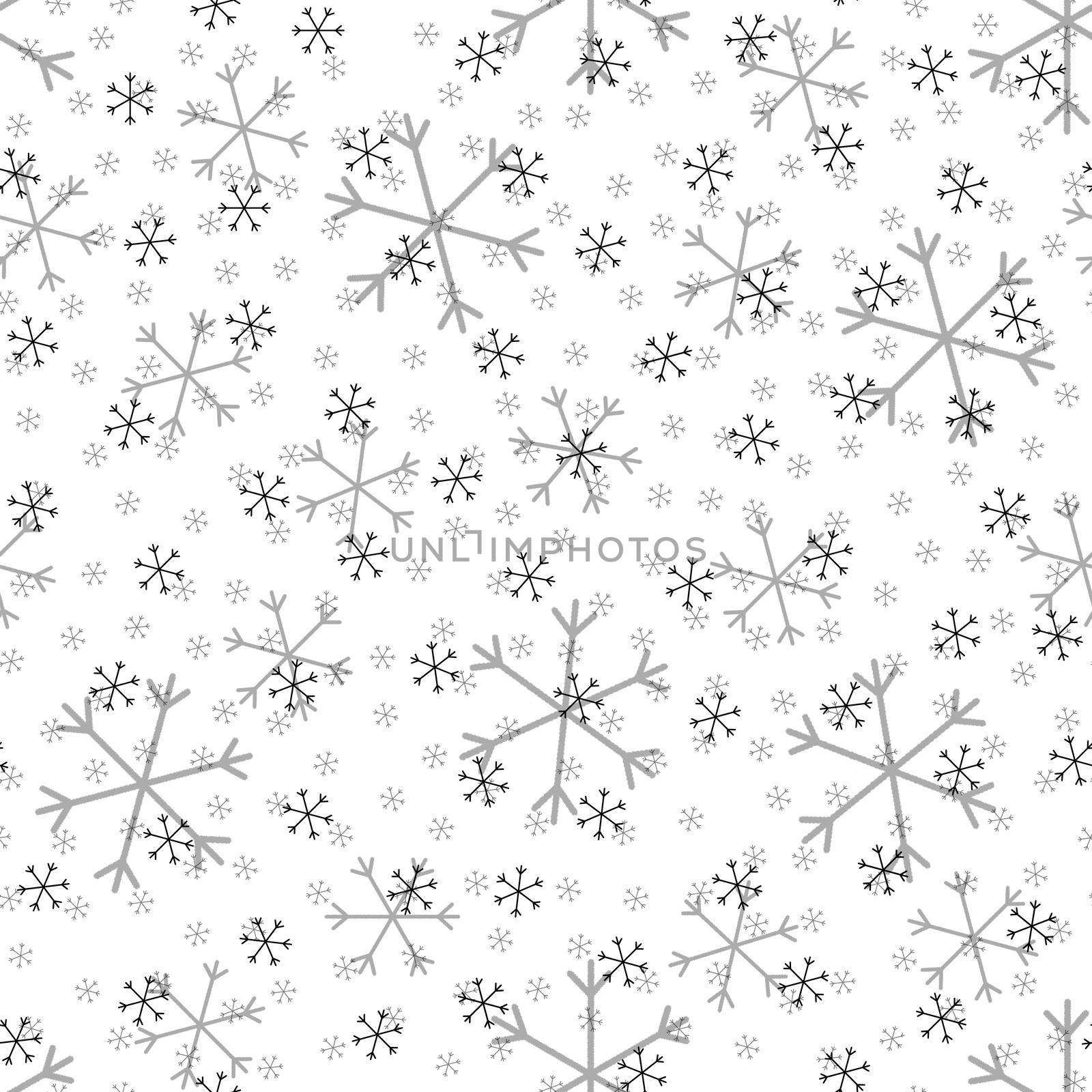 Seamless Christmas pattern doodle with hand random drawn snowflakes.Wrapping paper for presents, funny textile fabric print, design, decor, food wrap, backgrounds. new year.Raster copy.White black