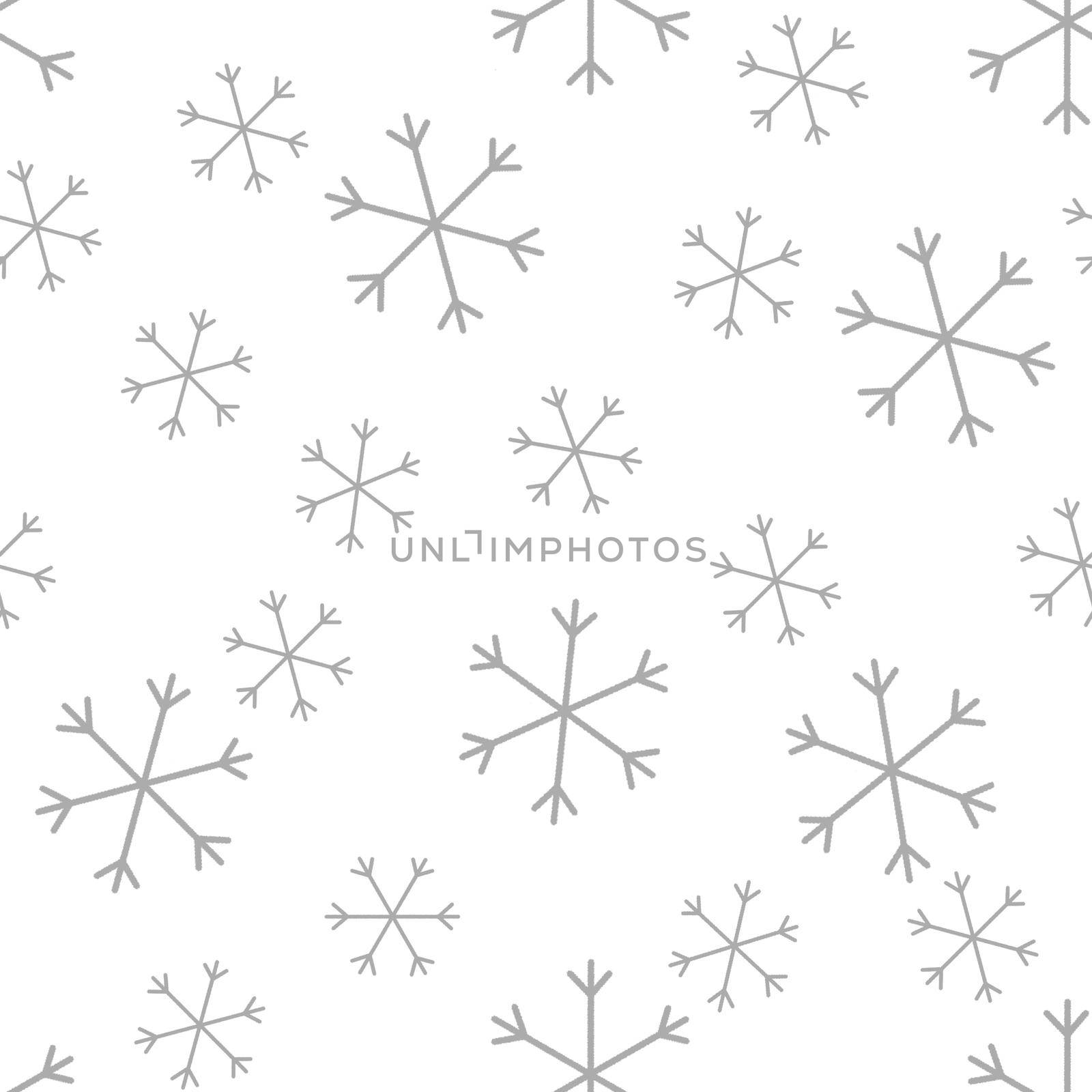 Seamless Christmas pattern doodle with hand random drawn snowflakes.Wrapping paper for presents, funny textile fabric print, design, decor, food wrap, backgrounds. new year.Raster copy.White gray