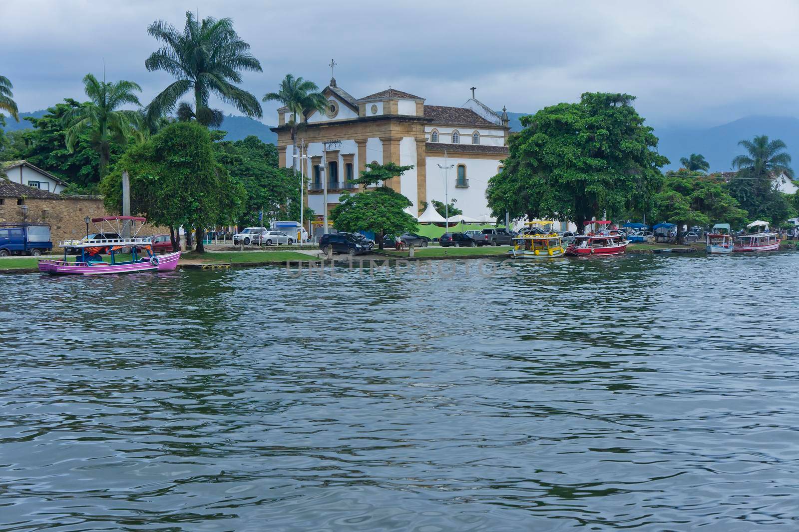 Paraty, Old city street view with a Colonial church, Brazil, South America