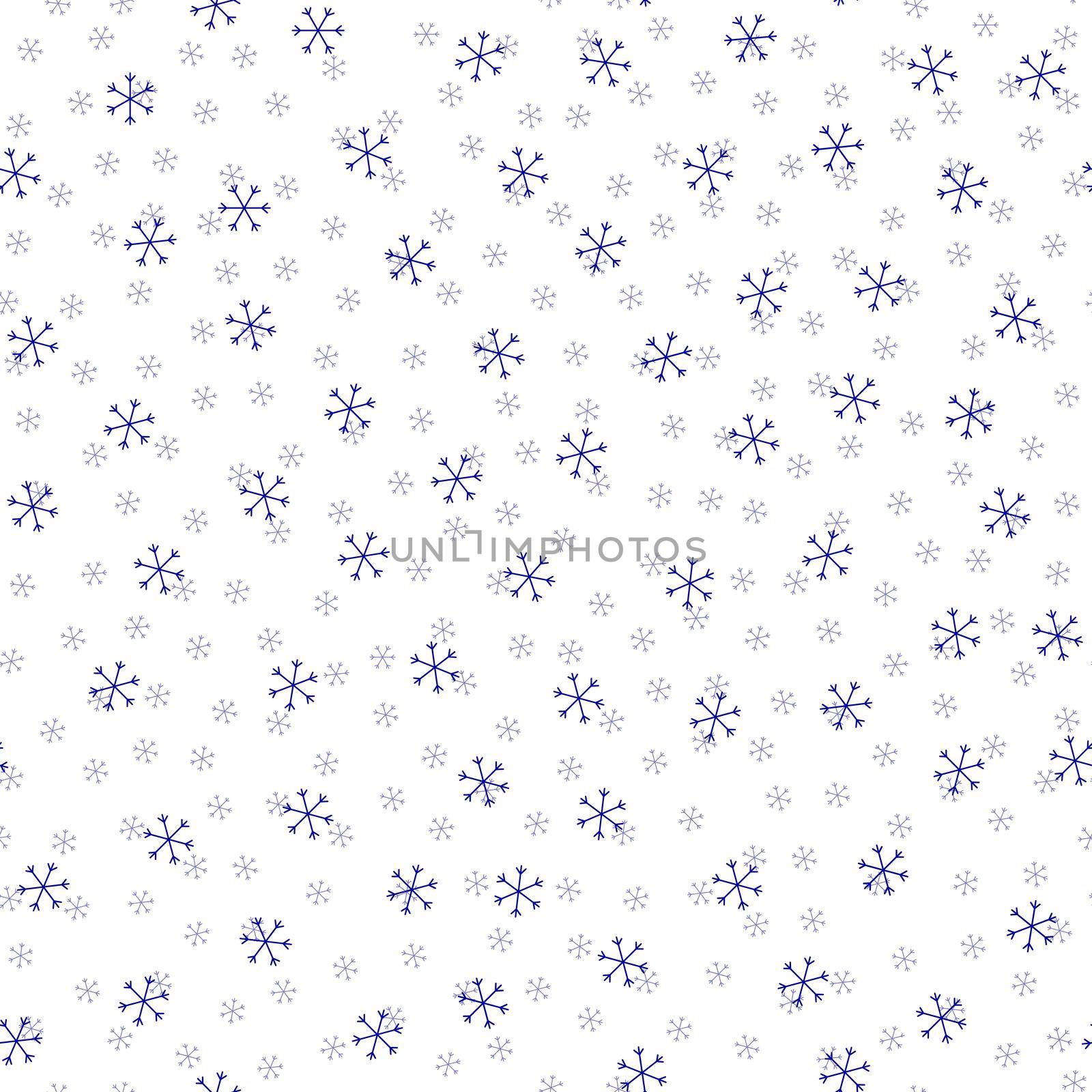 Seamless Christmas pattern doodle with hand random drawn snowflakes.Wrapping paper for presents, funny textile fabric print, design, decor, food wrap, backgrounds. new year.Raster copy.White blue