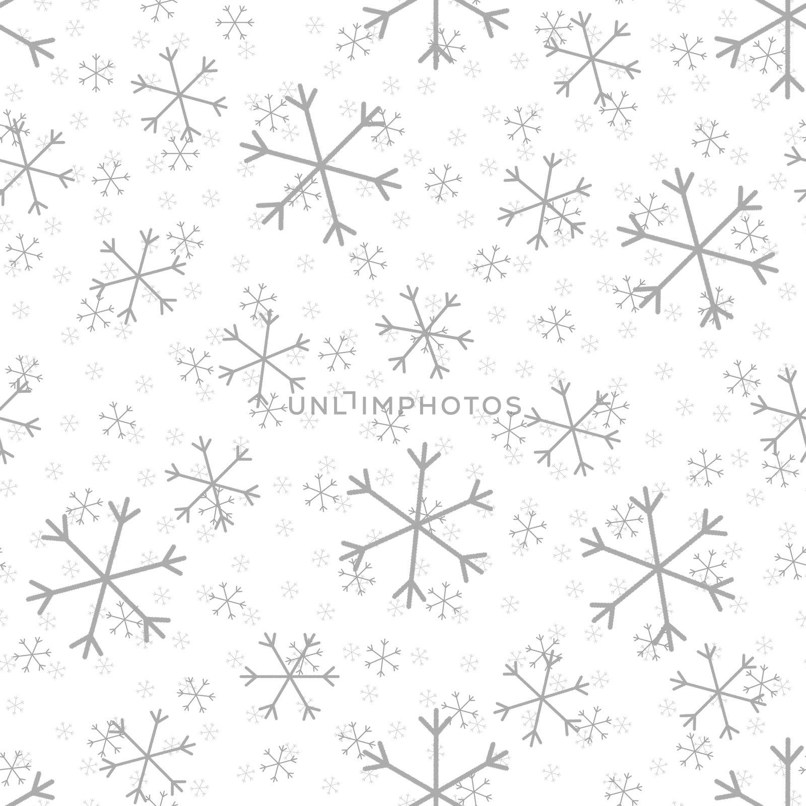 Seamless Christmas pattern doodle with hand random drawn snowflakes.Wrapping paper for presents, funny textile fabric print, design, decor, food wrap, backgrounds. new year.Raster copy.White gray