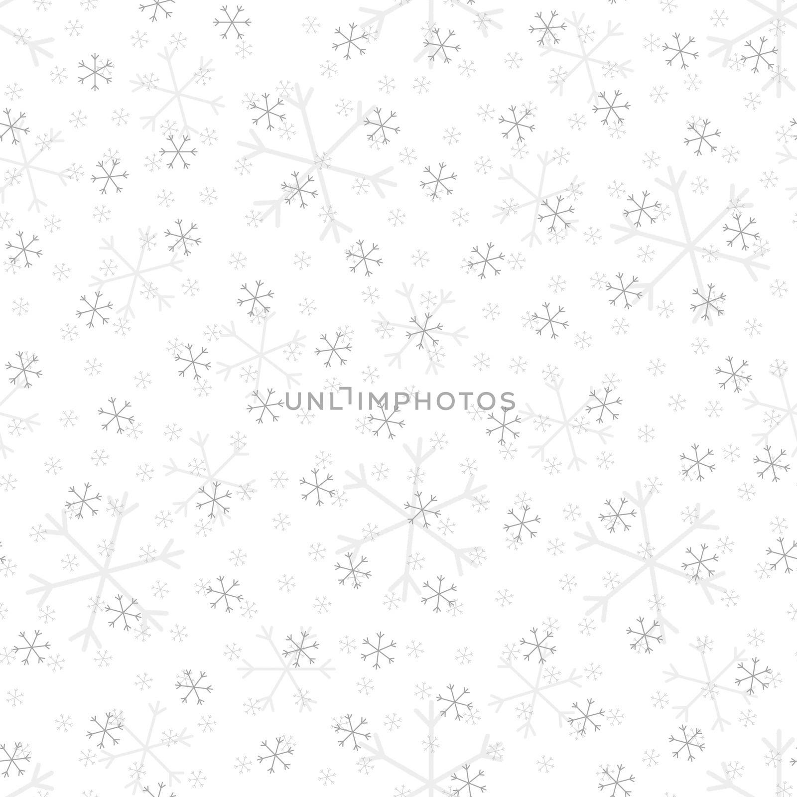 Seamless Christmas pattern doodle with hand random drawn snowflakes.Wrapping paper for presents, funny textile fabric print, design, decor, food wrap, backgrounds. new year.Raster copy.White gray