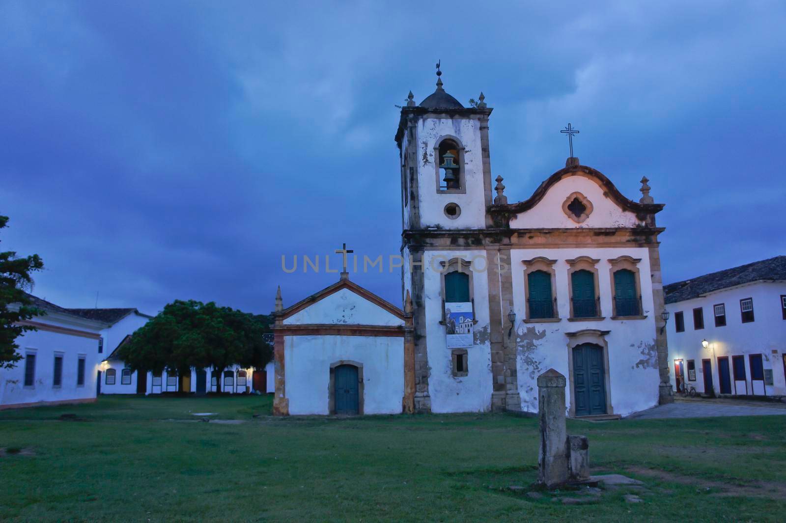 Paraty, Old city street view with a Colonial church, Brazil, South America