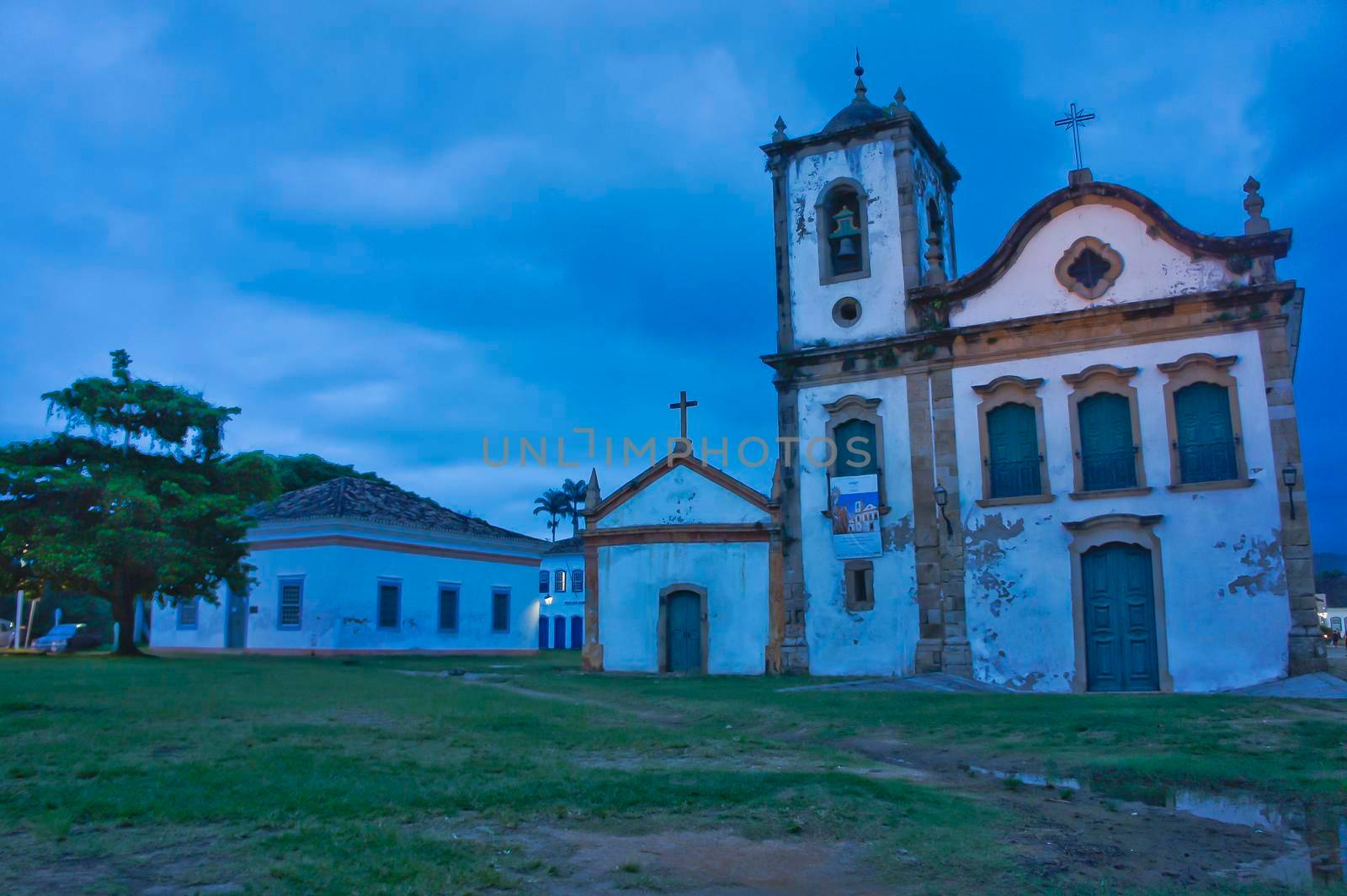 Paraty, Old city street view with a Colonial church, Brazil, South America