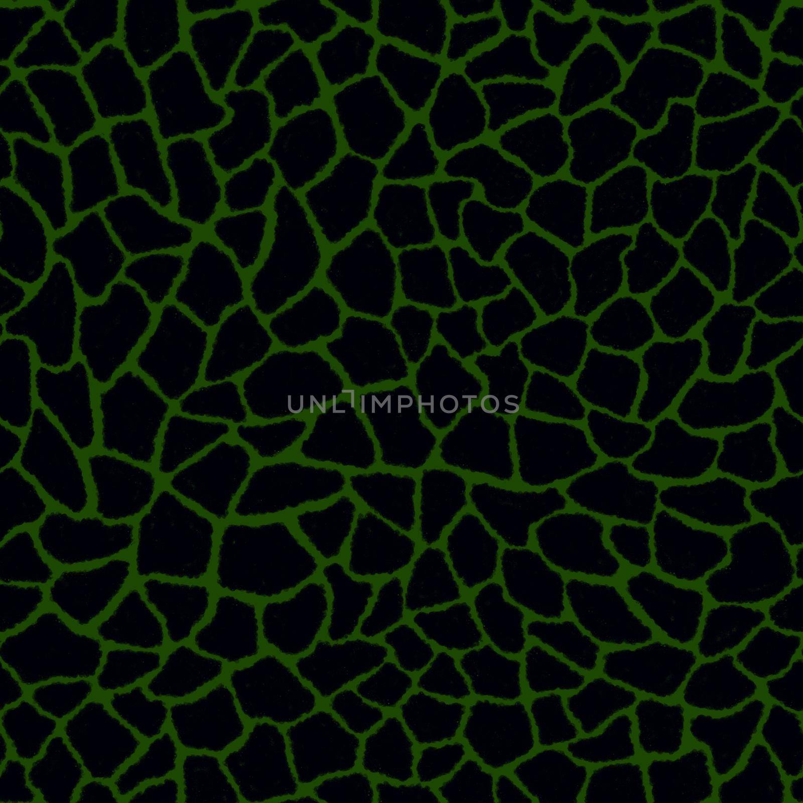 Giraffe skin color seamless pattern with fashion animal print for continuous replicate. Chaotic mosaic black pieces on green background. Wrapping paper, funny textile fabric print,design,decor.