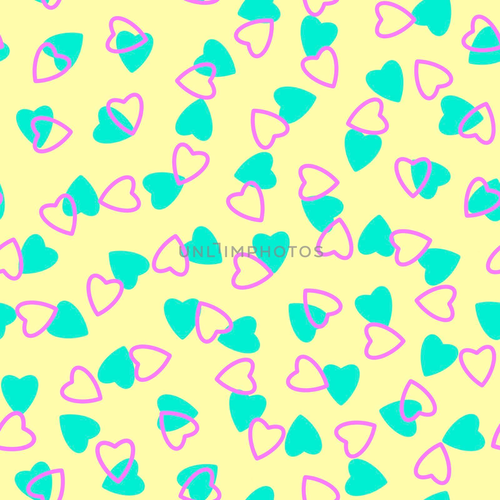 Simple heart seamless pattern,endless chaotic texture made of tiny heart silhouettes.Valentines,mothers day background.Great for Easter,wedding,scrapbook,gift wrapping paper,textile.Lilac,azure,Ivory
