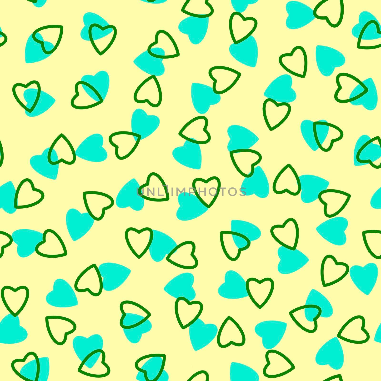 Simple heart seamless pattern,endless chaotic texture made of tiny heart silhouettes.Valentines,mothers day background.Azure,green,Ivory.Great for Easter,wedding,scrapbook,gift wrapping paper,textiles