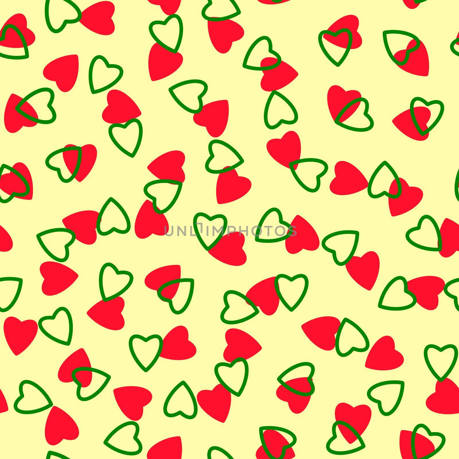 Simple hearts seamless pattern,endless chaotic texture made of tiny heart silhouettes.Valentines,mothers day background.Great for Easter,wedding,scrapbook,gift wrapping paper,textiles.Red,green,Ivory by Angelsmoon