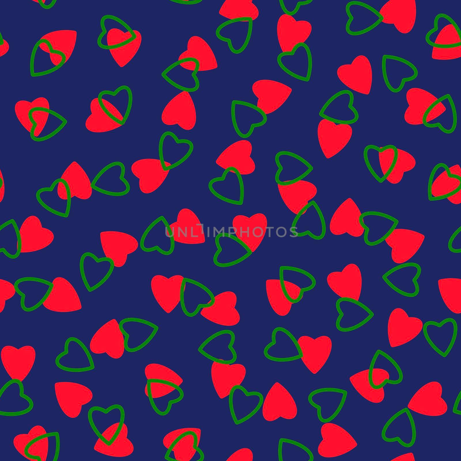 Simple hearts seamless pattern,endless chaotic texture made of tiny heart silhouettes.Valentines,mothers day background.Great for Easter,wedding,scrapbook,gift wrapping paper,textiles.Red,green,blue by Angelsmoon