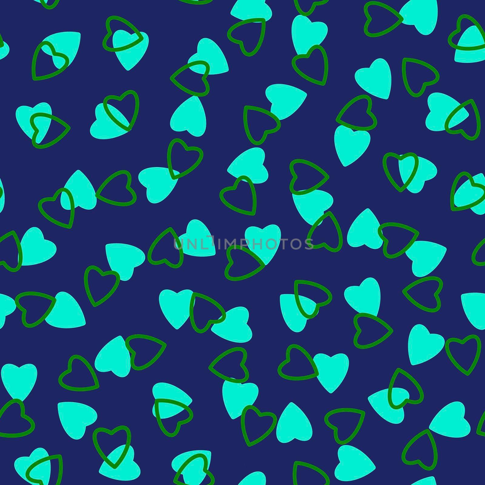 Simple heart seamless pattern,endless chaotic texture made of tiny heart silhouettes.Valentines,mothers day background.Great for Easter,wedding,scrapbook,gift wrapping paper,textiles.Azure,green,blue.