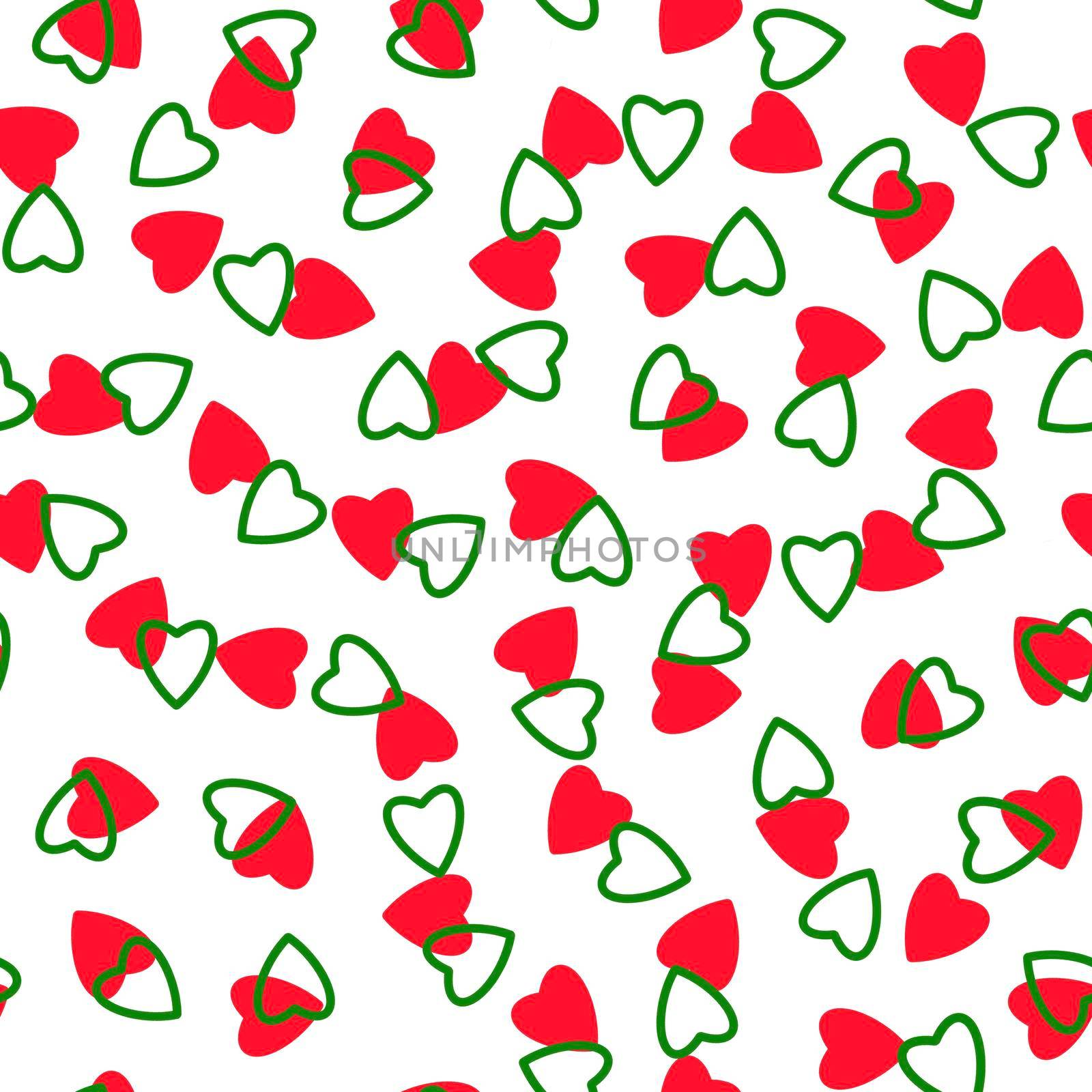 Simple hearts seamless pattern,endless chaotic texture made of tiny heart silhouettes.Valentines,mothers day background.Great for Easter,wedding,scrapbook,gift wrapping paper,textiles.Red,green,white by Angelsmoon