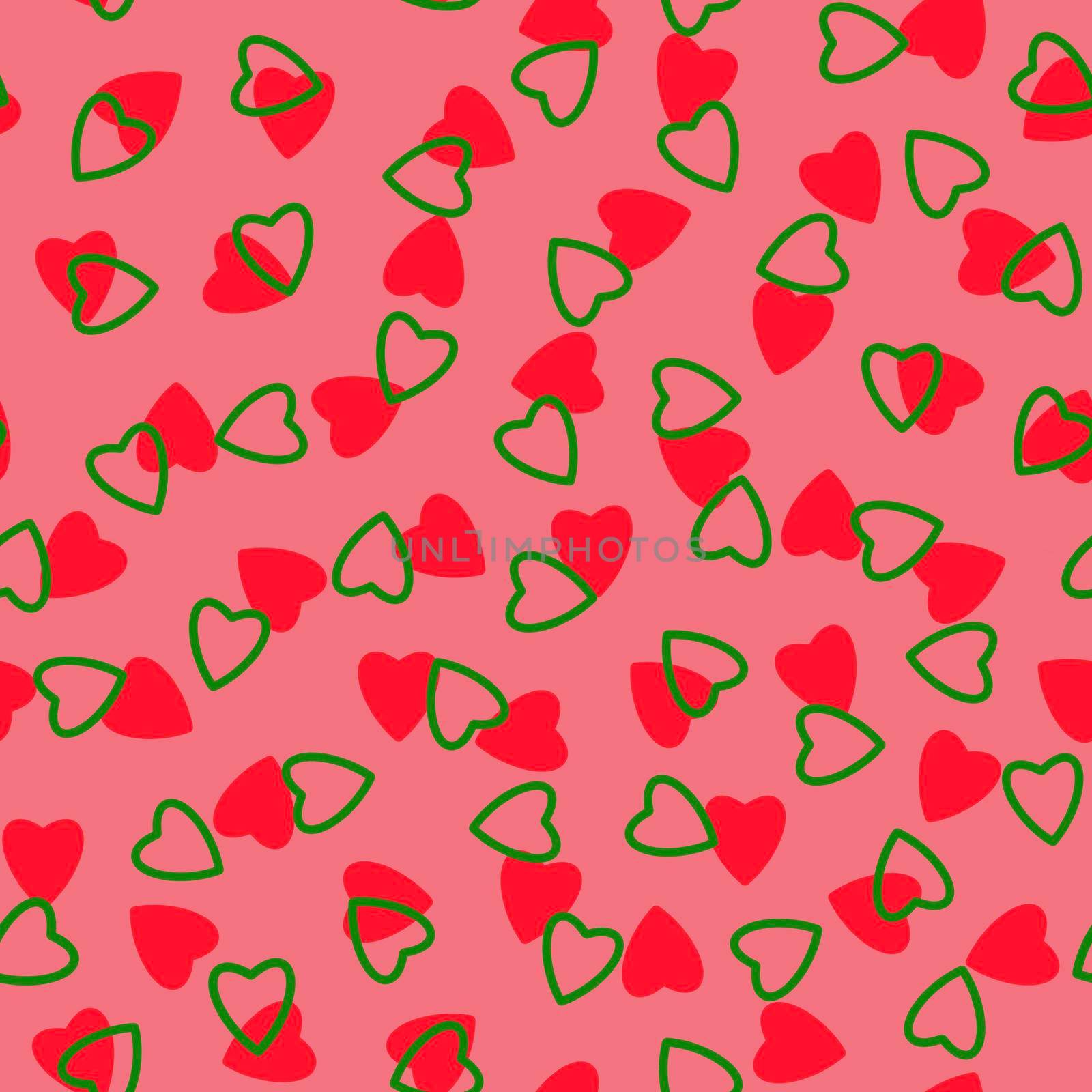 Simple hearts seamless pattern,endless chaotic texture made of tiny heart silhouettes.Valentines,mothers day background.Great for Easter,wedding,scrapbook,gift wrapping paper,textiles.Red,green,pink.