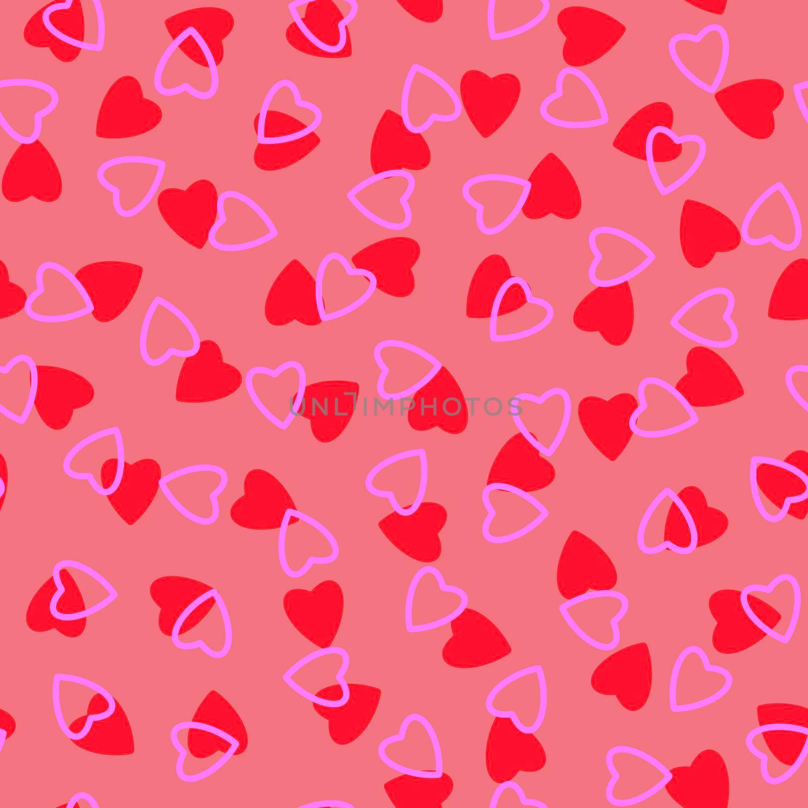 Simple hearts seamless pattern,endless chaotic texture made of tiny heart silhouettes.Valentines,mothers day background.Great for Easter,wedding,scrapbook,gift wrapping paper,textiles.Red on pink.