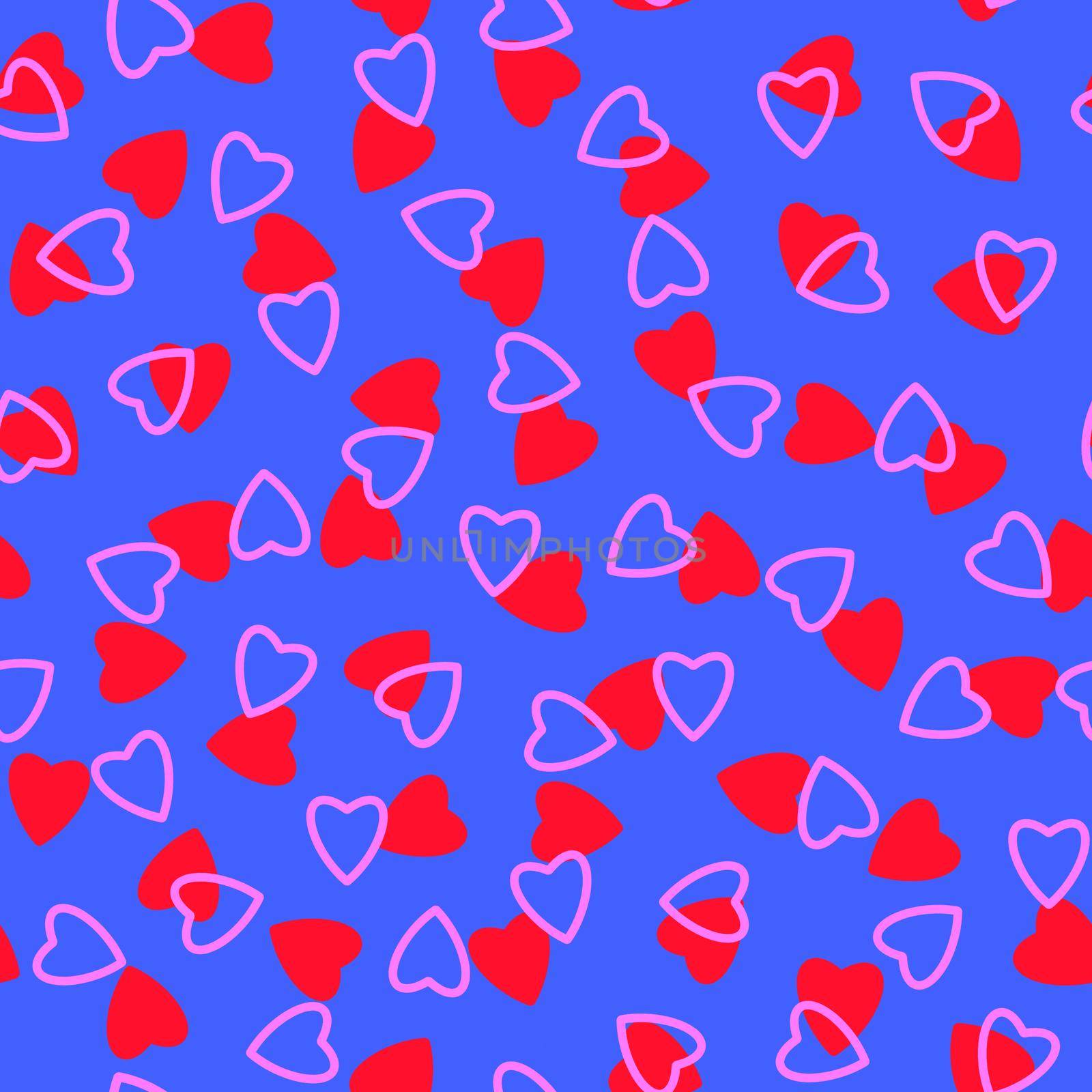 Simple hearts seamless pattern,endless chaotic texture made of tiny heart silhouettes.Valentines,mothers day background.Great for Easter,wedding,scrapbook,gift wrapping paper,textiles.Red,pink,blue.