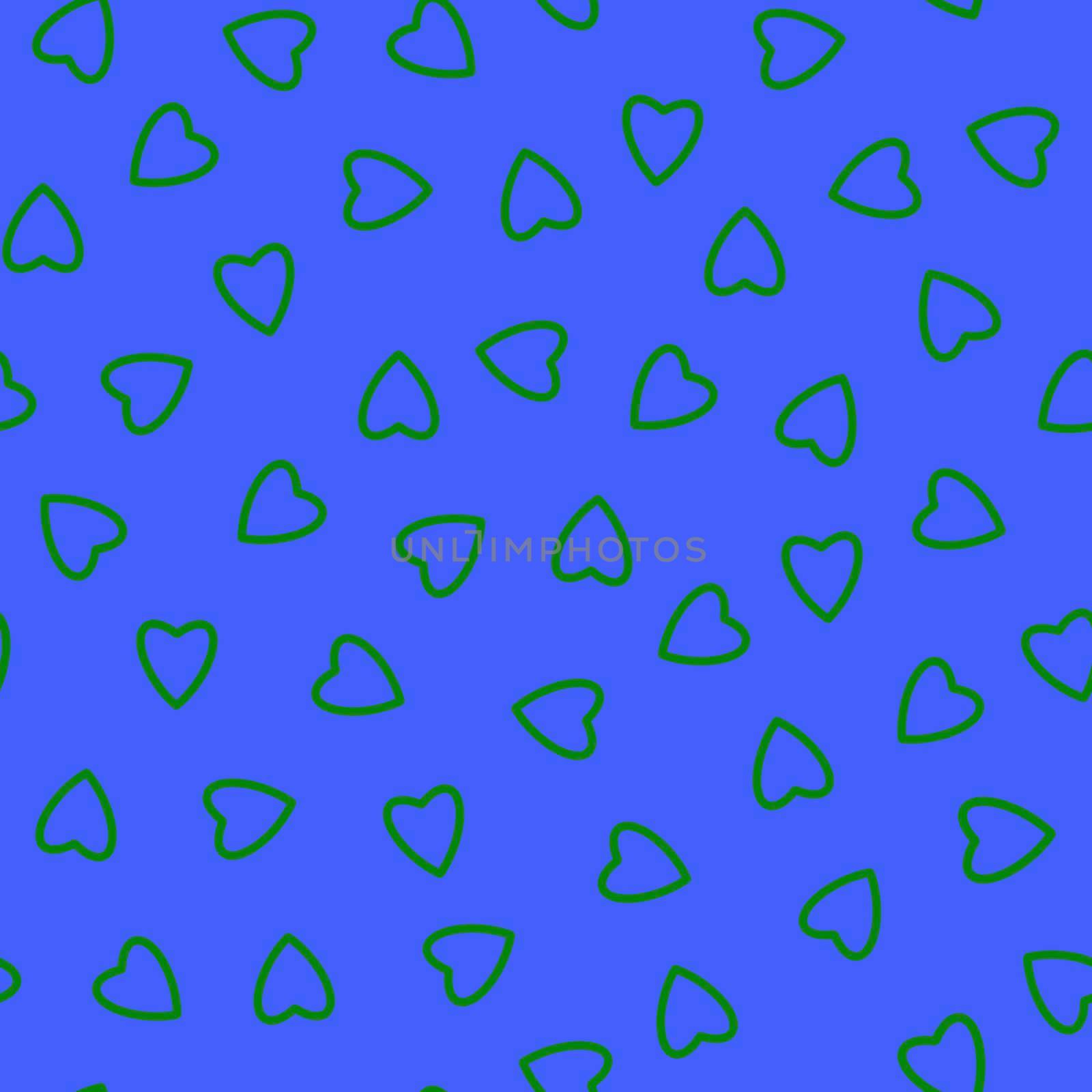 Simple hearts seamless pattern,endless chaotic texture made of tiny heart silhouettes.Valentines,mothers day background.Great for Easter,wedding,scrapbook,gift wrapping paper,textiles.Green on blue.