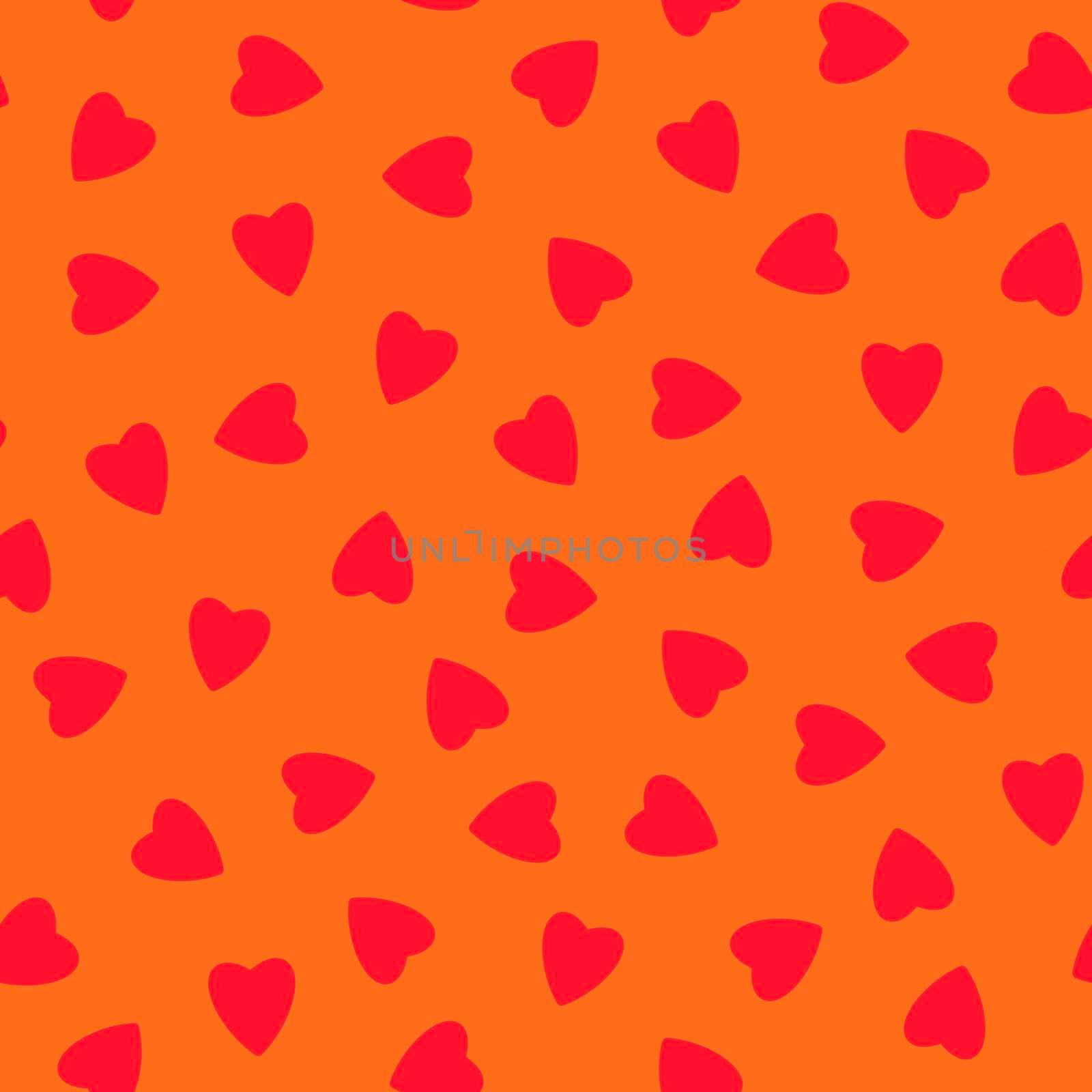 Simple hearts seamless pattern,endless chaotic texture made of tiny heart silhouettes.Valentines,mothers day background.Great for Easter,wedding,scrapbook,gift wrapping paper,textiles.Red on orange by Angelsmoon