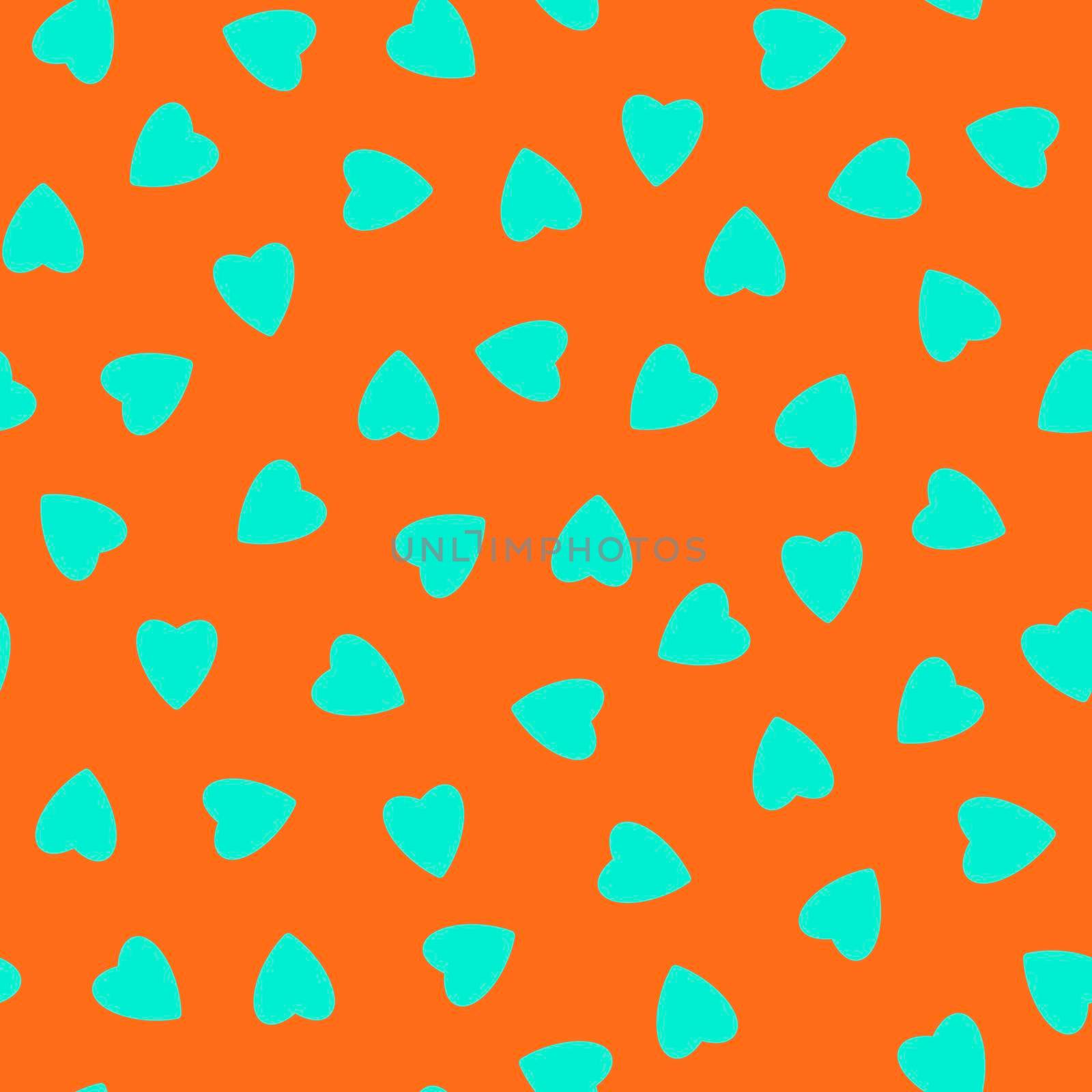 Simple hearts seamless pattern,endless chaotic texture made of tiny heart silhouettes.Valentines,mothers day background.Great for Easter,wedding,scrapbook,gift wrapping paper,textiles.Azure on orange.