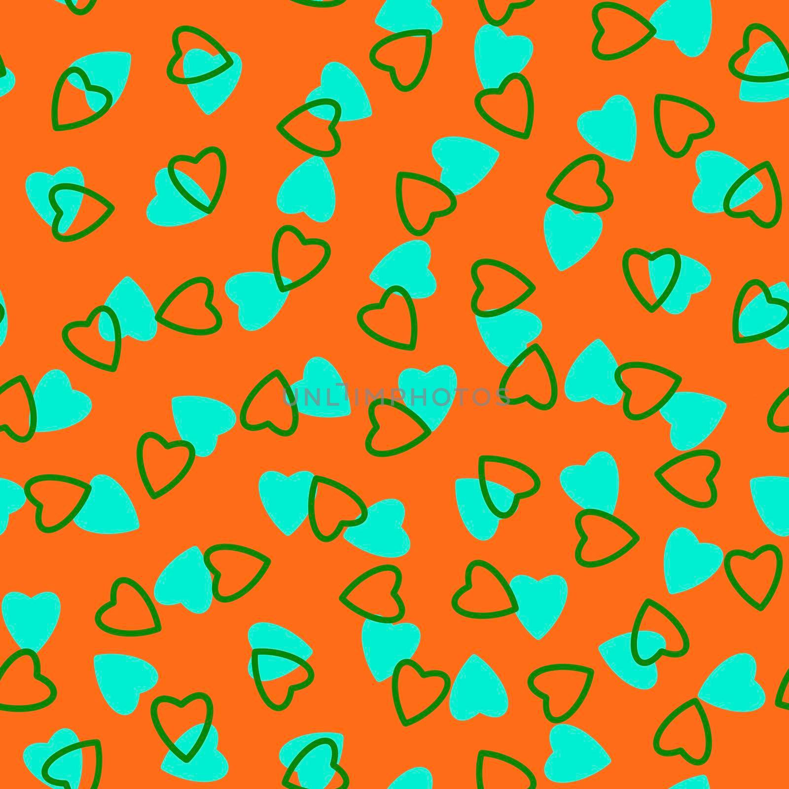 Simple hearts seamless pattern,endless chaotic texture made tiny heart silhouettes.Valentines,mothers day background.Great for Easter,wedding,scrapbook,gift wrapping paper,textiles.Azure,green,orange by Angelsmoon