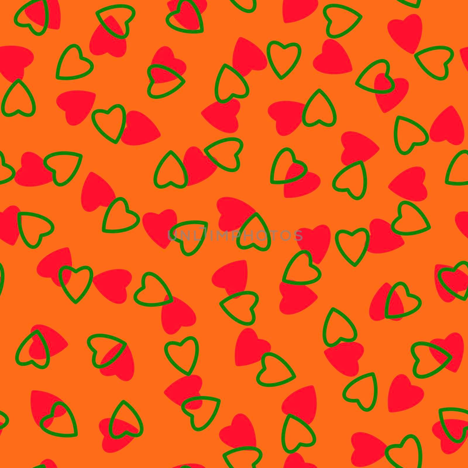 Simple hearts seamless pattern,endless chaotic texture made of tiny heart silhouettes.Valentines,mothers day background.Red,orange,green.Great for Easter,wedding,scrapbook,gift wrapping paper,textiles